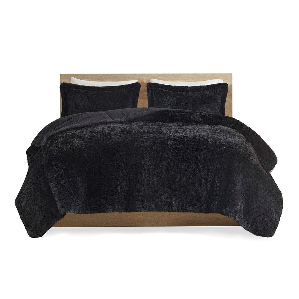 Shaggy Long Fur Comforter Mini Set Queen Black Polyester