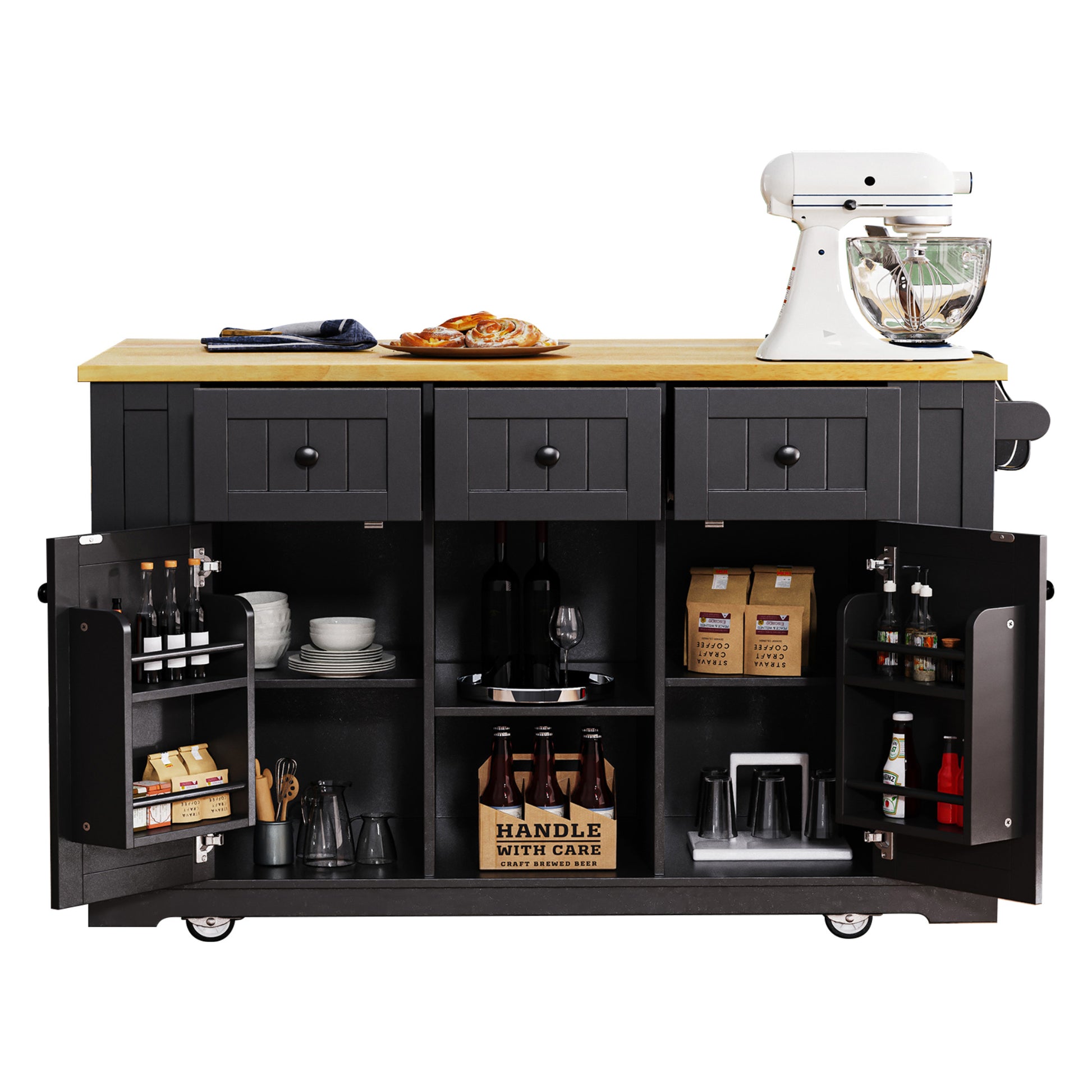 K&K 53Inch Large Kitchen Island With Drop Leaf, Power Outlet, Door Internal Storage Rack, Rolling Kitchen Cart On 5 Wheels With 5 Open Side Racks For Kitchen, Dining Room,Black Not Include Bar