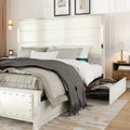 King Size Bed Frame With Upholstered Headboard And 4 Storage Drawersking Bed Frame With Charging Station And Led Lights, Wood Slats, Beige Faux Leather & Rivets, No Box Spring Needed Box Spring Not Required King Antique White Wood Bedroom Bed Frame Faux