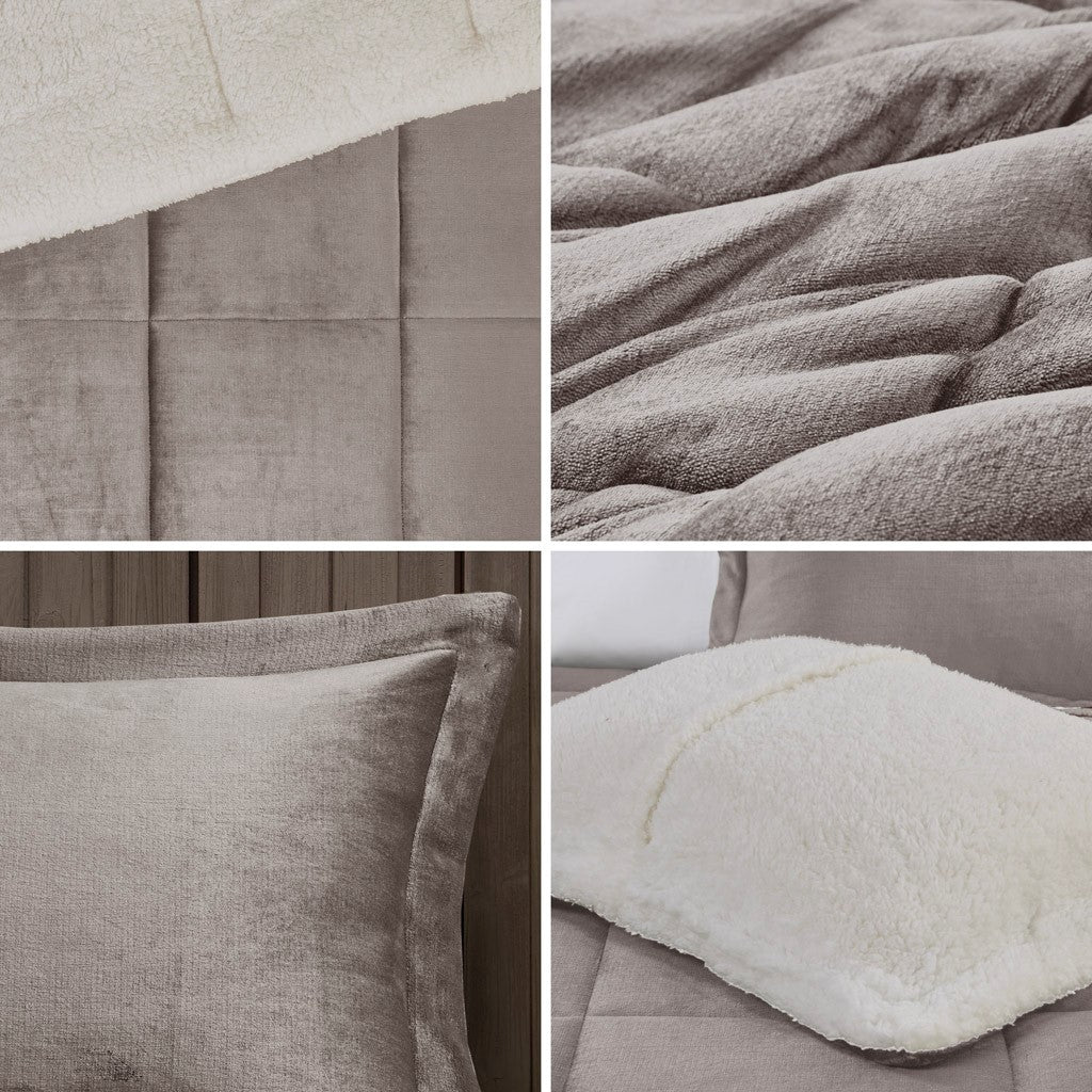 Plush To Sherpa Down Alternative Comforter Set King Grey Ivory Polyester