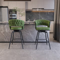 Bar Chair Linen Woven Bar Stool Set Of 2, Black Legs Barstools No Adjustable Kitchen Island Chairs,360 Swivel Bar Stools Upholstered Bar Chair Counter Stool Arm Chairs With Back Footrest, Green Green Foam Linen