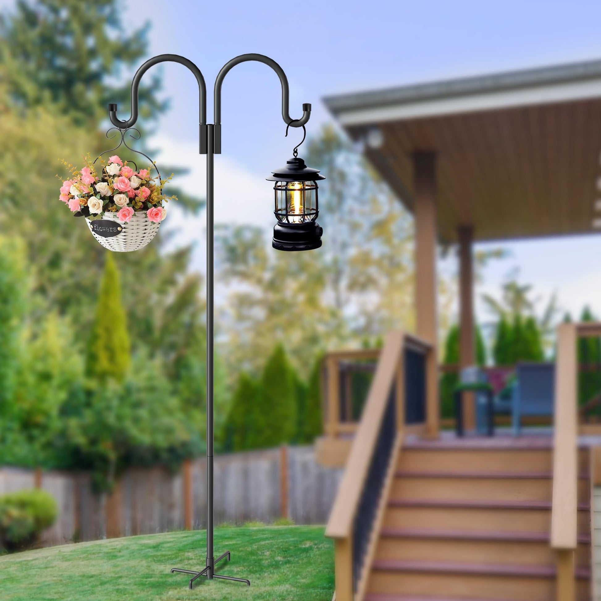 Double Shepherd Hooks For Outdoor, 79 Inch Heavy Duty Bird Feeder Pole For Hanging Bird Feeder, Garden Hooks Plant Baskets, Garden Plant Hanger Stands With 5 Prong Base Black Metal