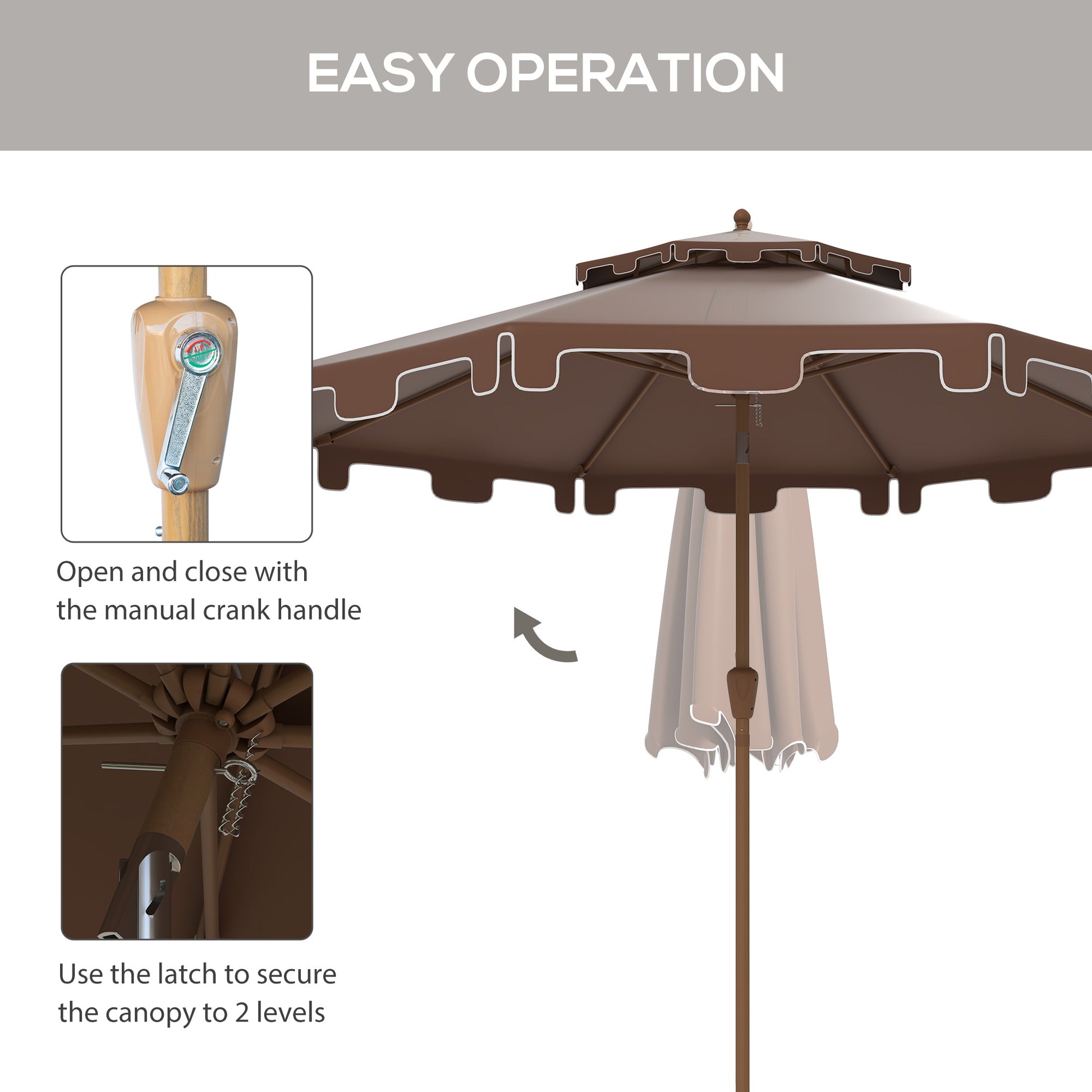 Outsunny 9' Patio Umbrella With Push Button Tilt And Crank, Double Top Ruffled Outdoor Market Table Umbrella With 8 Ribs, For Garden, Deck, Pool, Brown Brown Polyester