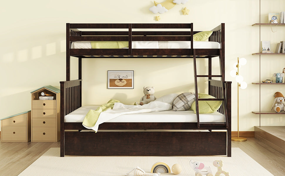 Twin Over Full Rubber Wood Bunk Bed With Trundle, Convertible Ladder And Guardrail, Detachable, Convertible Bed, With Twin Size Trundle ,Espresso Twin Espresso Rubber Wood