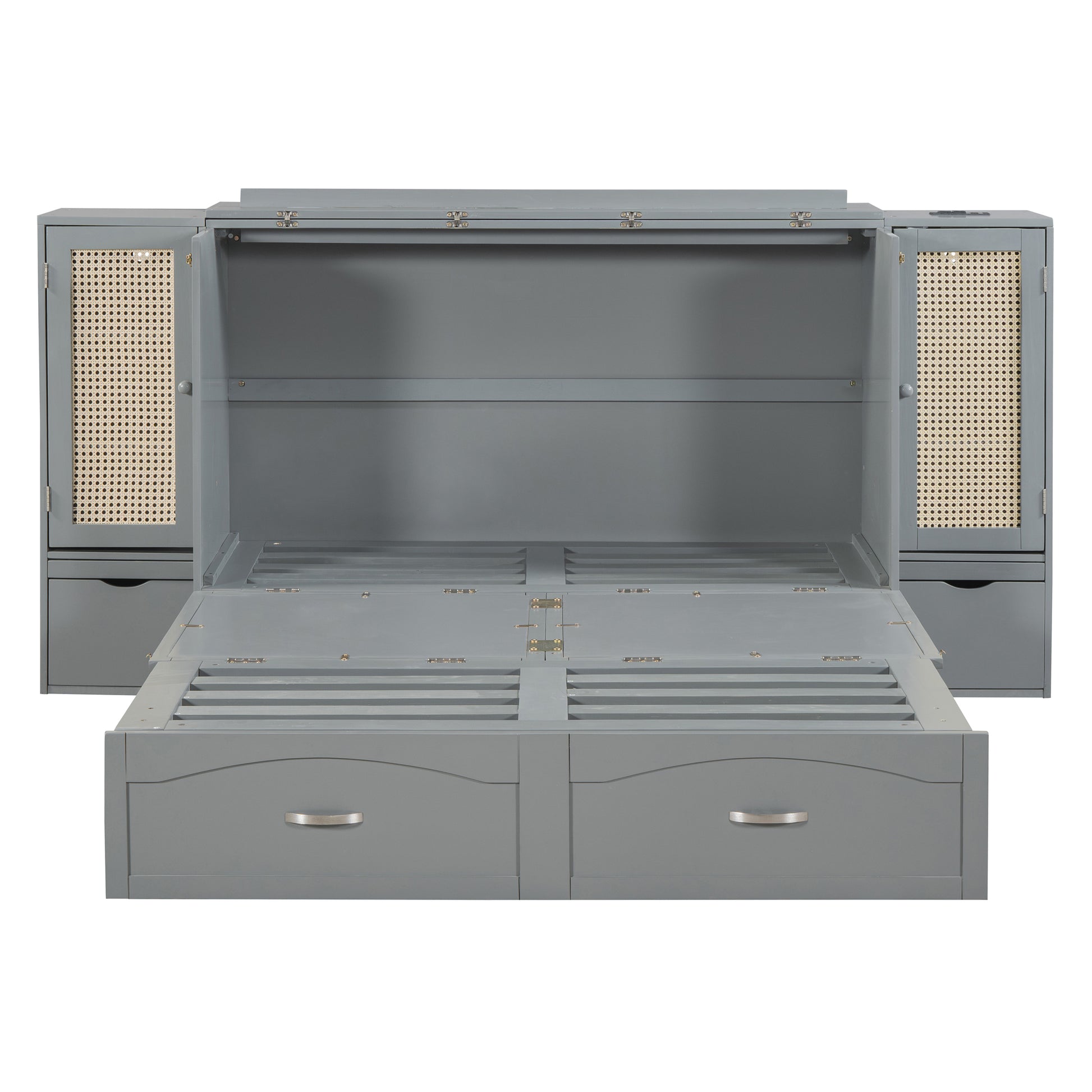 Queen Size Murphy Bed Wall Bed With Drawer And Rattan Decoration With 2 Storage Cabinets, One Set Of Sockets & Usb Ports, Pulley Structure Design, Gray Queen Gray Plywood
