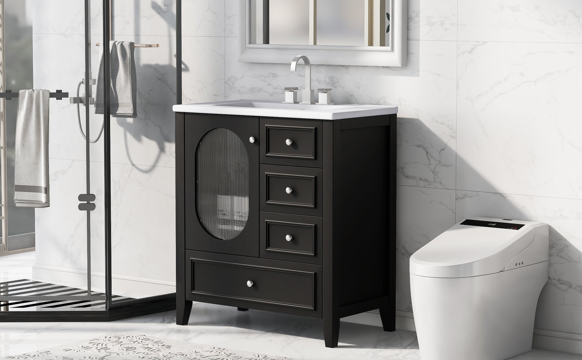 30" Bathroom Vanity With Sink, Bathroom Vanity Cabinet With Three Drawers And Door, Solid Wood And Mdf, Black Black Solid Wood Mdf