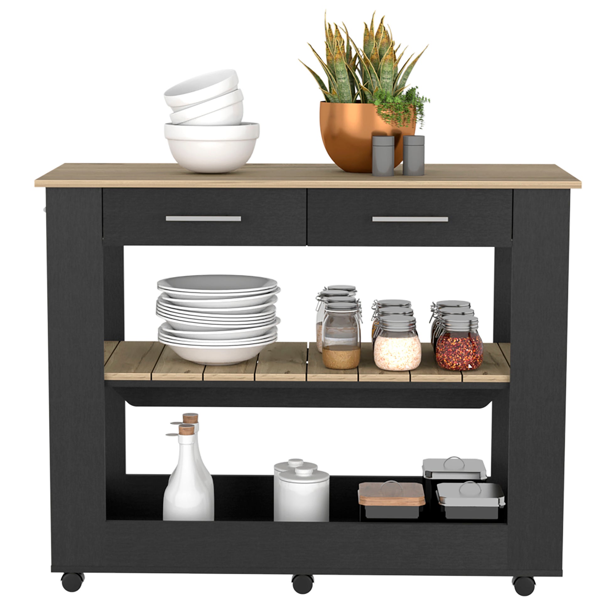 Kitchen Island 36" H, Six Casters, Two Drawers, Two Open Storage Shelves, Towel Hanger, Black Light Oak Multicolor Particle Board Particle Board