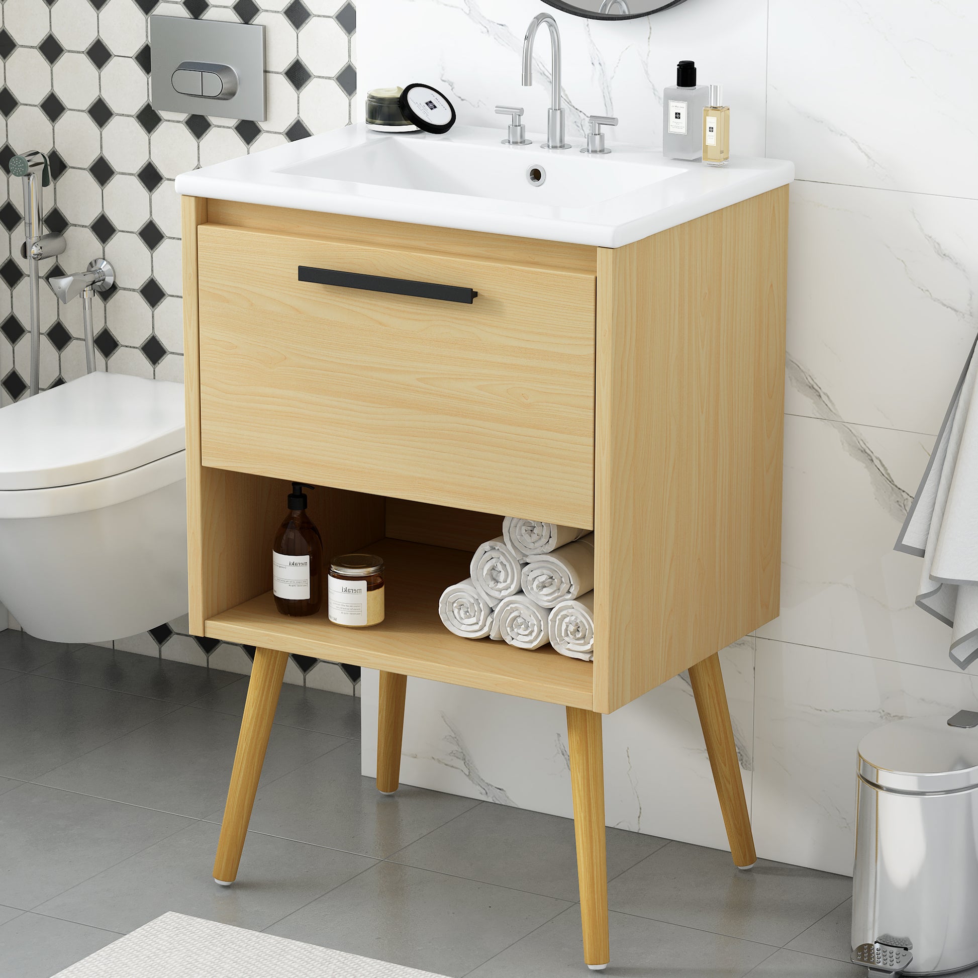 24" Bathroom Vanity With Sink Combo, Multi Functional Bathroom Cabinet With Drawer, Mdf Board, Natural Natural Solid Wood Mdf