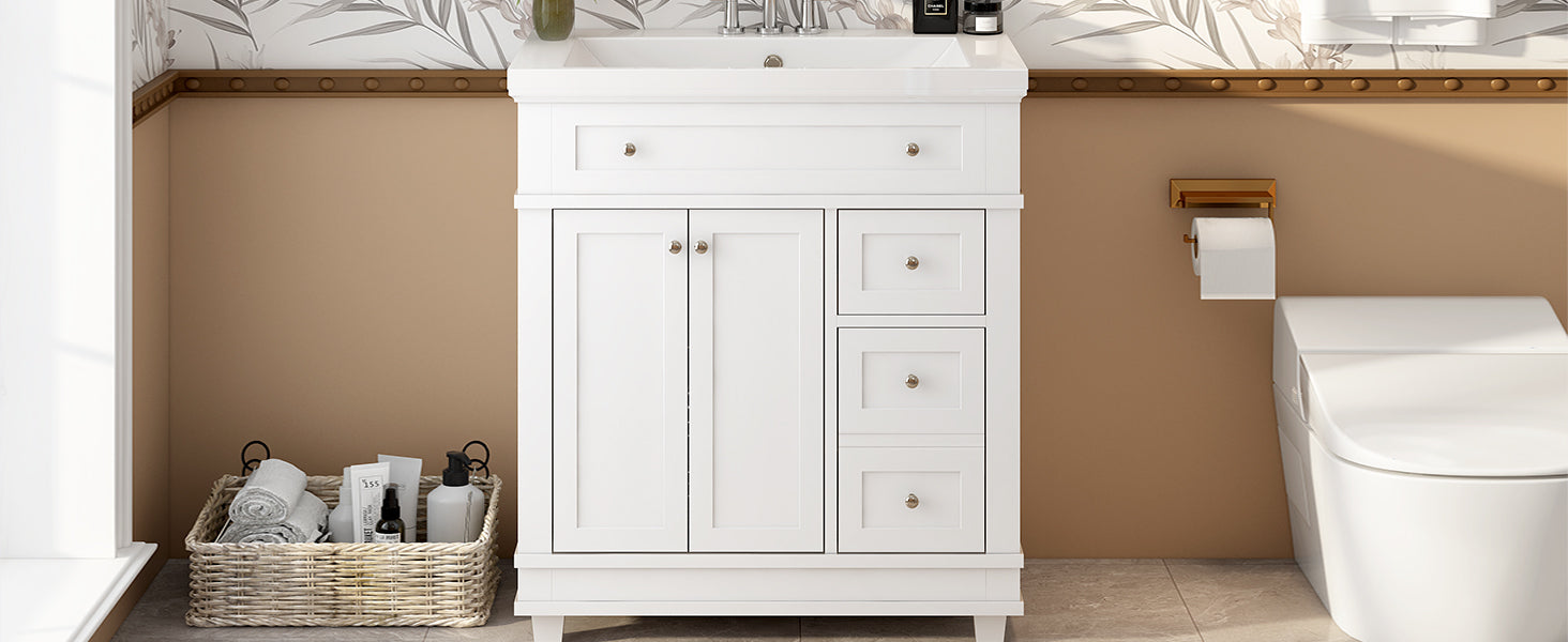 30" Bathroom Vanity Cabinet With Sink Combo Set, Undermount Resin Sink, Free Standing Vanity Set With 2 Drawers& Soft Closing Doors, Solid Wood Frame Bathroom Cabinet, White 2 White 2 1 Bathroom Freestanding Solid Wood Mdf Resin Painted