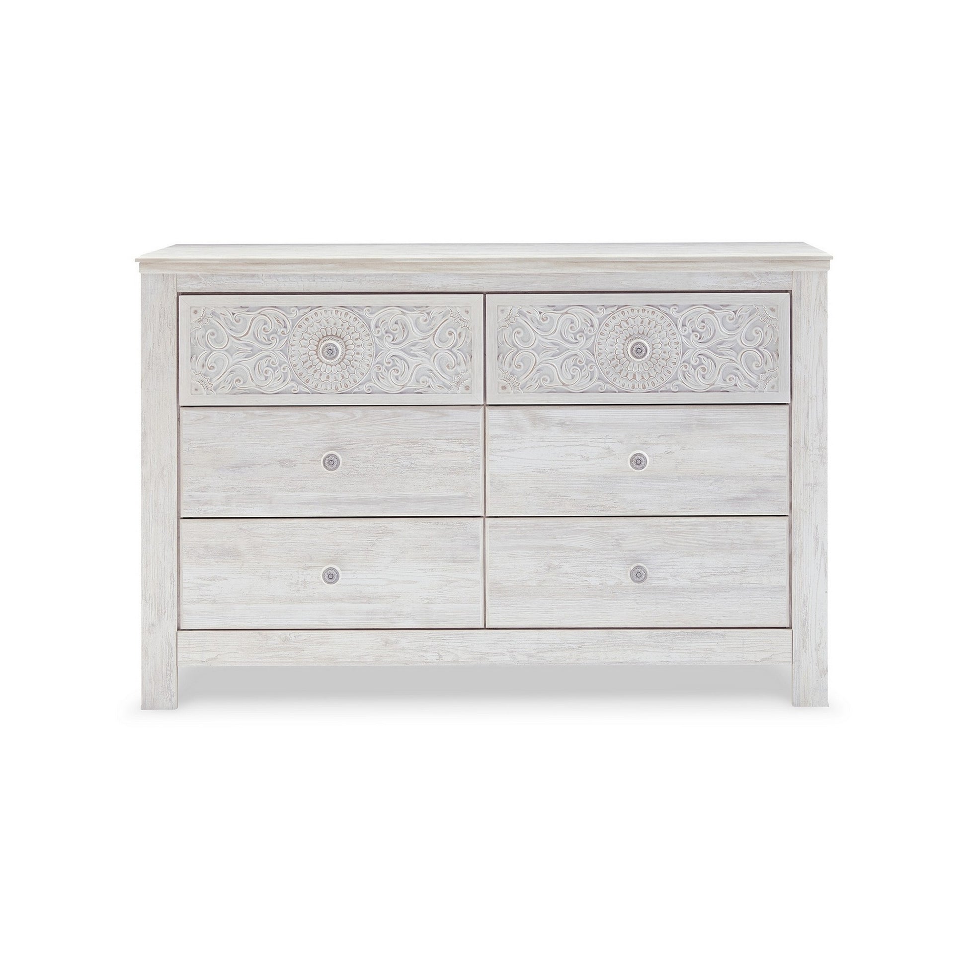 61 Inch Modern Wide Dresser, Whitewashed Wood, 6 Drawers, Medallion Details White Wood