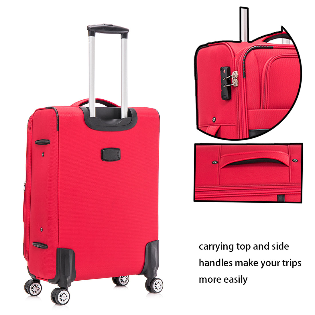 3 Piece Fabric Soft Luggage Set With Swivel Wheels And Password Lock, 20 26 30 Inches Red Fabric