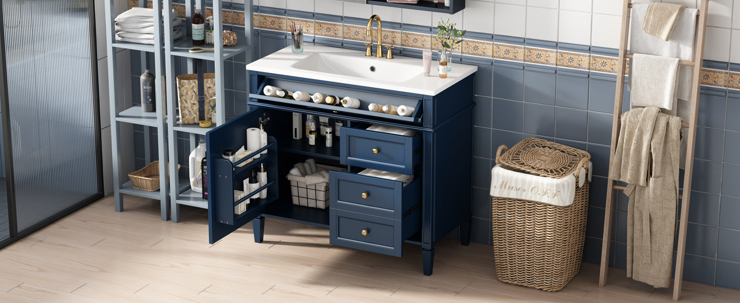 36'' Bathroom Vanity With Top Sink, Modern Bathroom Storage Cabinet With 2 Drawers And A Tip Out Drawer, Single Sink Bathroom Vanity Blue Bathroom Solid Wood Mdf Resin