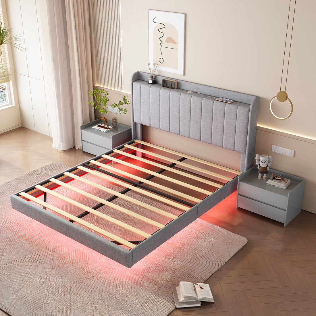 Queen Size Floating Bed Frame,With Remote Control Led Lights With Appwood Platform Light Grey Queen Light Grey Fabric Metal