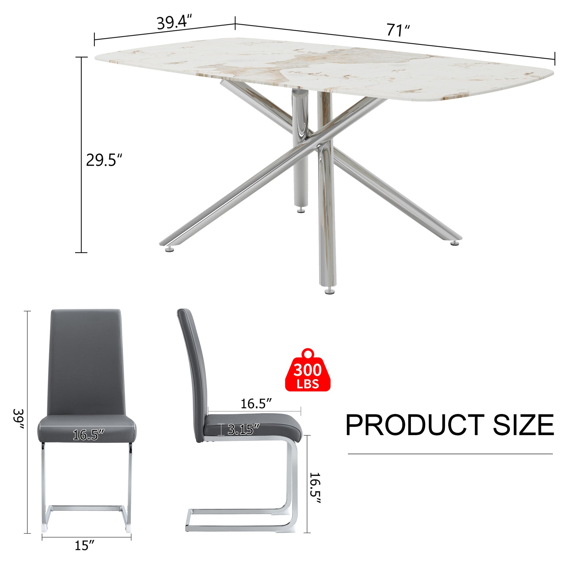 Table And Chair Set, Large Modern Minimalist Rectangular Dining Table, 0.39 "Imitation Marble Tabletop And Silver Metal Legs, Soft Leather Seats. F 1537 Silver Glass Metal