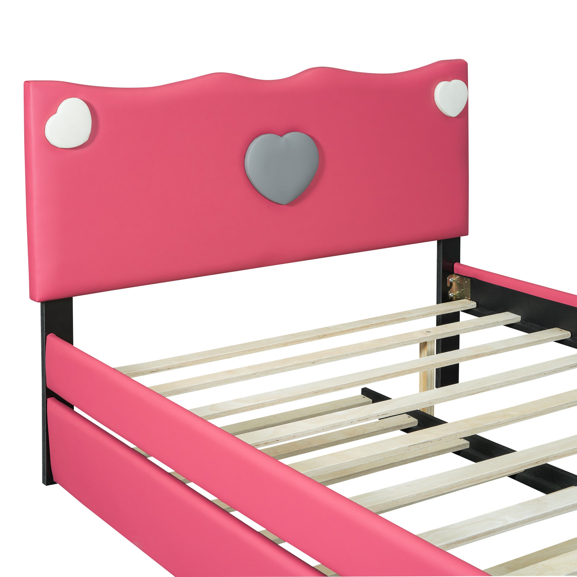 Full Size Upholstered Platform Bed With Trundle And Heart Shaped Decoration, Dark Pink Box Spring Not Required Full Dark Pink Wood Bedroom Bed Frame Faux Leather Upholstered
