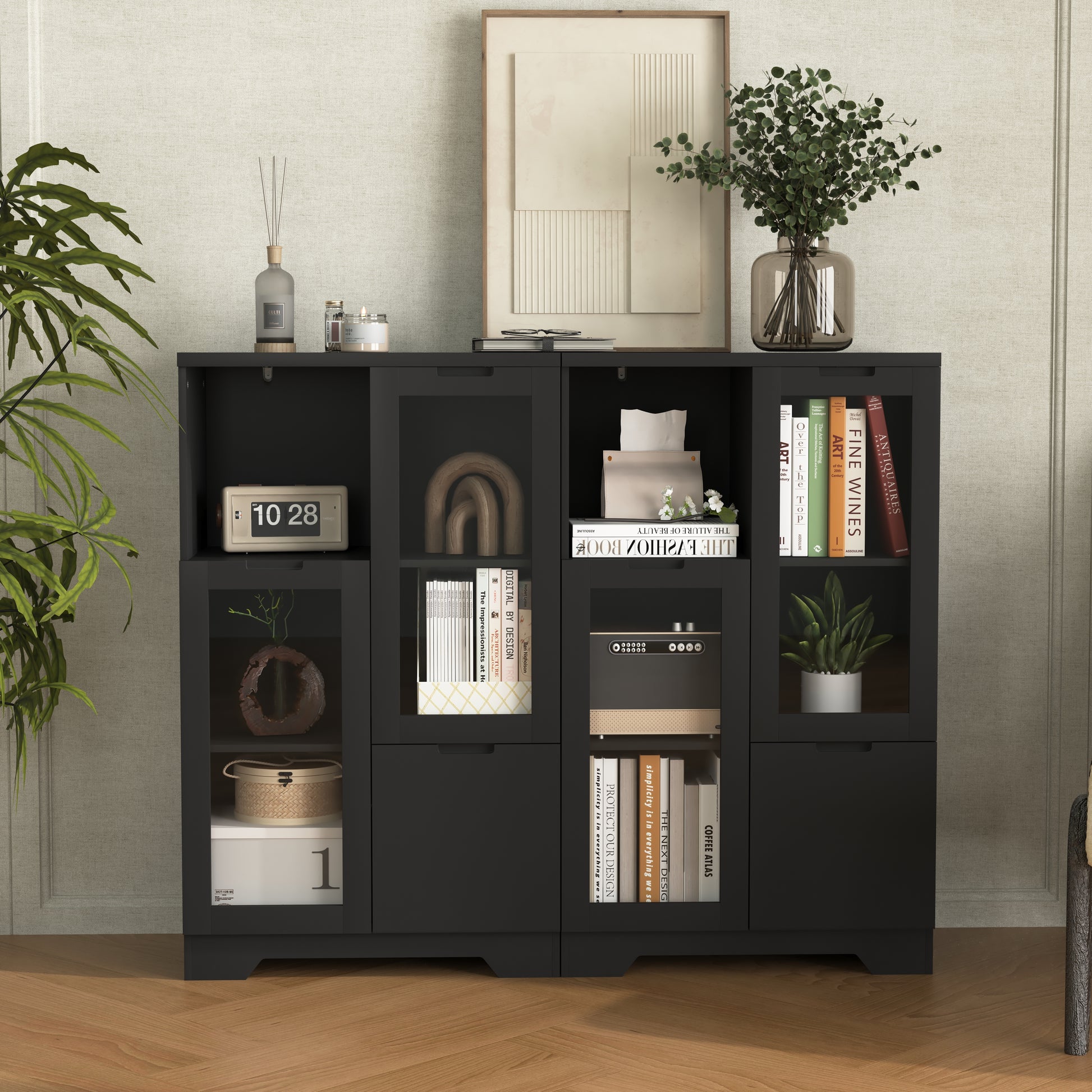 Wooden Floor Cabinet With 2 Glass Doors And 2 Storage Space,Black ,Living Room Bathroom Entryway Black Mdf