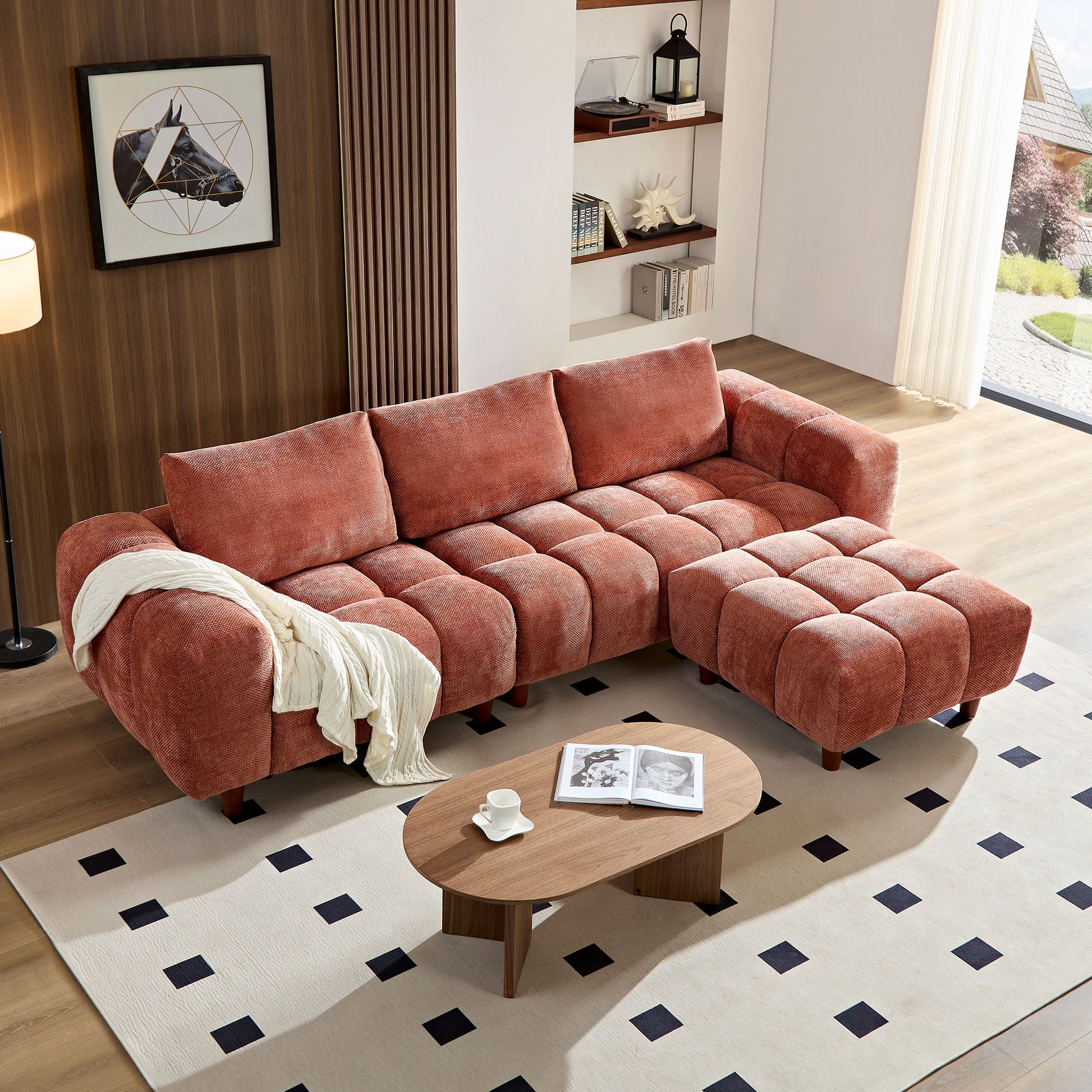 111.81''Convertible Sectional Sofa Couch, More Comfy L Shaped Sofa With Fabric Couch,Modern Design Marshmallow Sofa For Living Room And Office,Caramel Caramel Wood Fabric 3 Seat