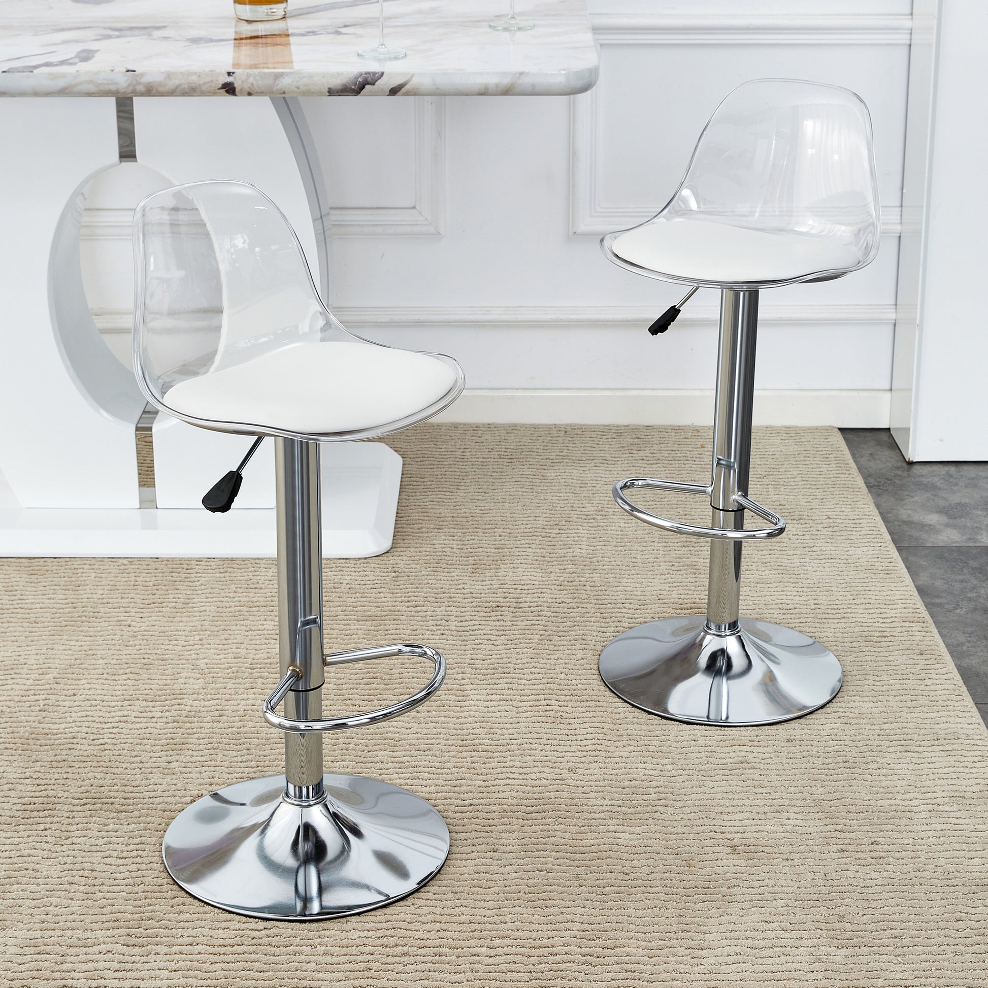 Modern Minimalist Bar Chairs And Bar Stools. Can Rotate 360 And Adjust Lifting. Pet Backrest And Pu Seats. Set Of 2. Suitable For Bars, Restaurants, And Front Desk Cashiers. White Pu