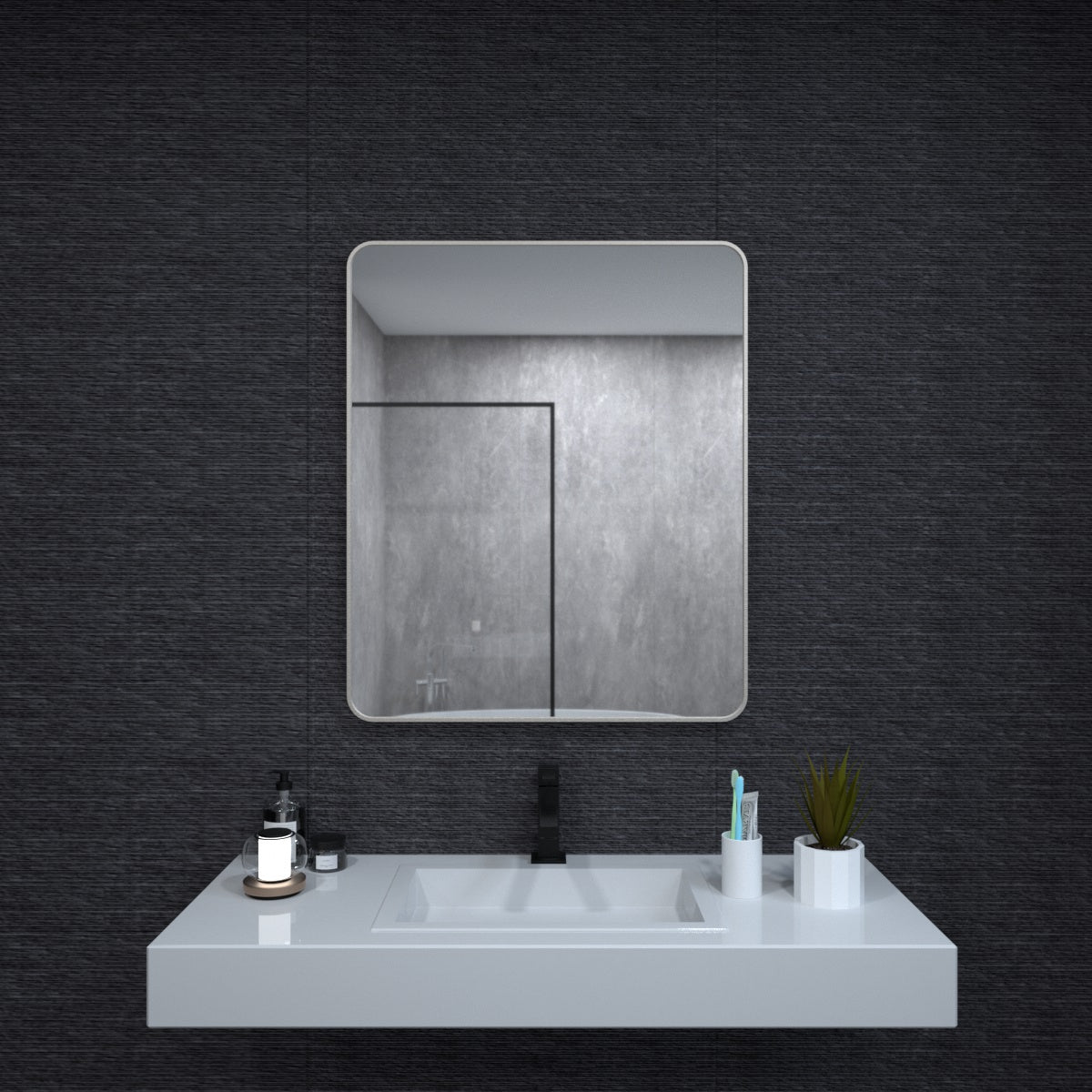 30X36 In. Aluminum Framed Rounded Rectangle Bathroom Wall Mirror, Brushed Nickel Bathroom Vanity Mirror Farmhouse, Anti Rust, Tempered Glass Mirrors, Hangs Horizontally Or Vertiy Brushed Nickel Aluminum