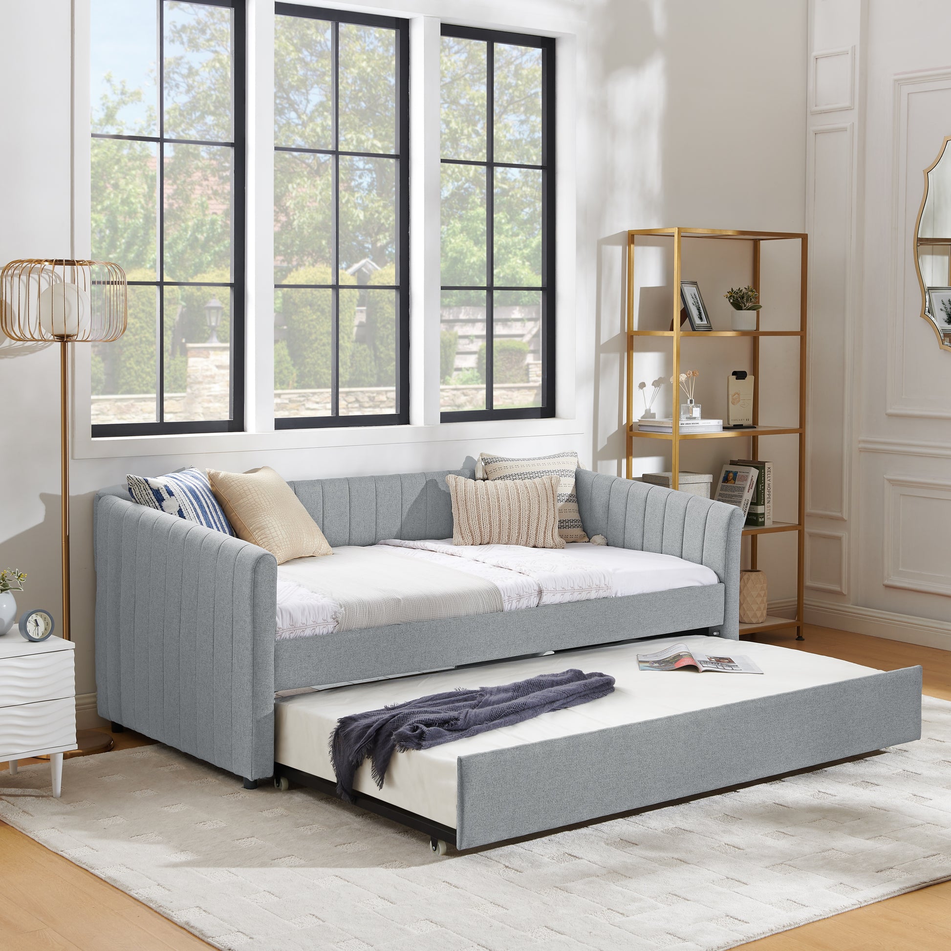 Twin Size Daybed With Trundle Upholstered Sofa Bed, With Vertical Stri