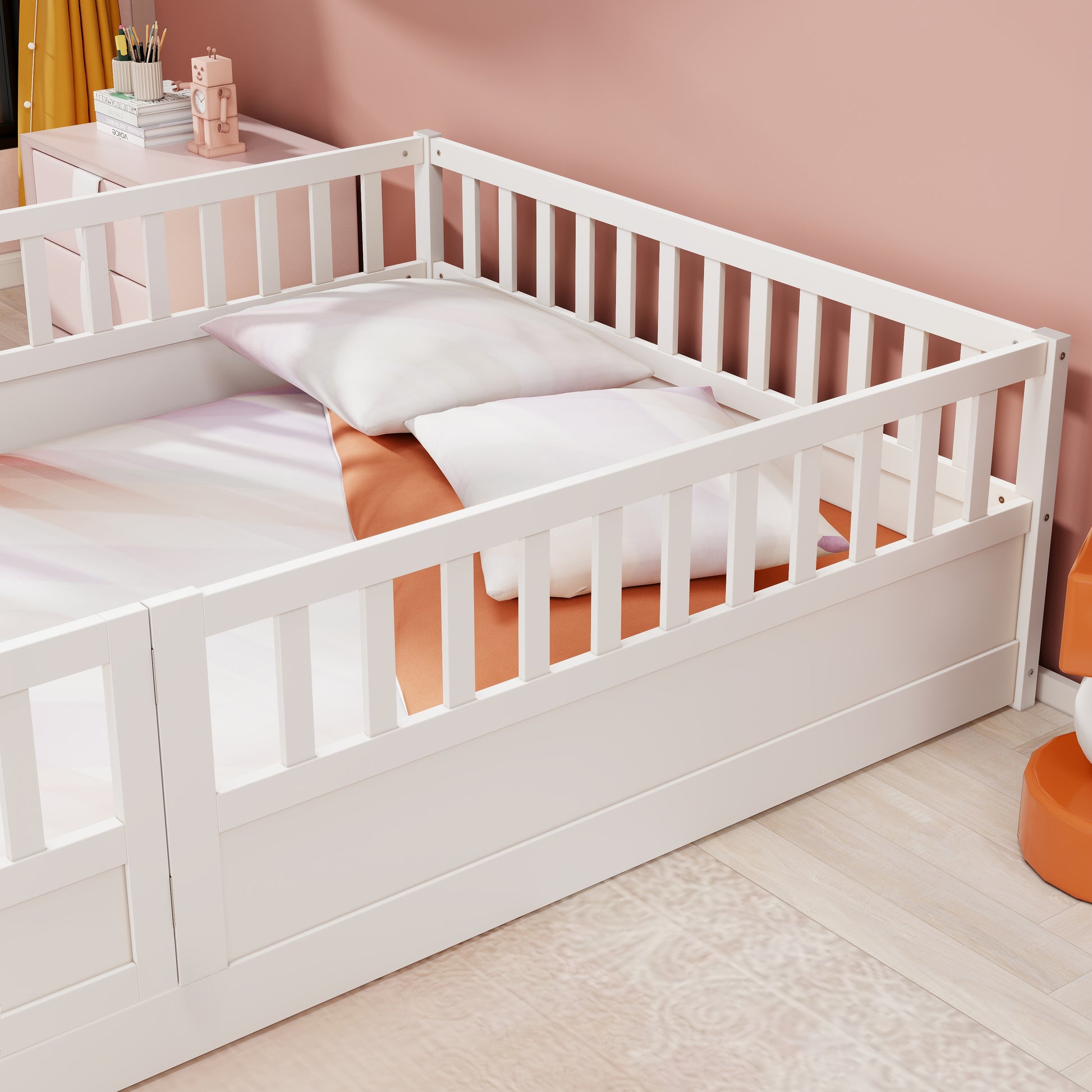 Full Size Floor Bed, Integral Construction With Super High Security Barrier, Door, Children'S Floor Bed Frame, Montessori Wooden Children'S Floor Bed, White Box Spring Required Full White Wood Brown