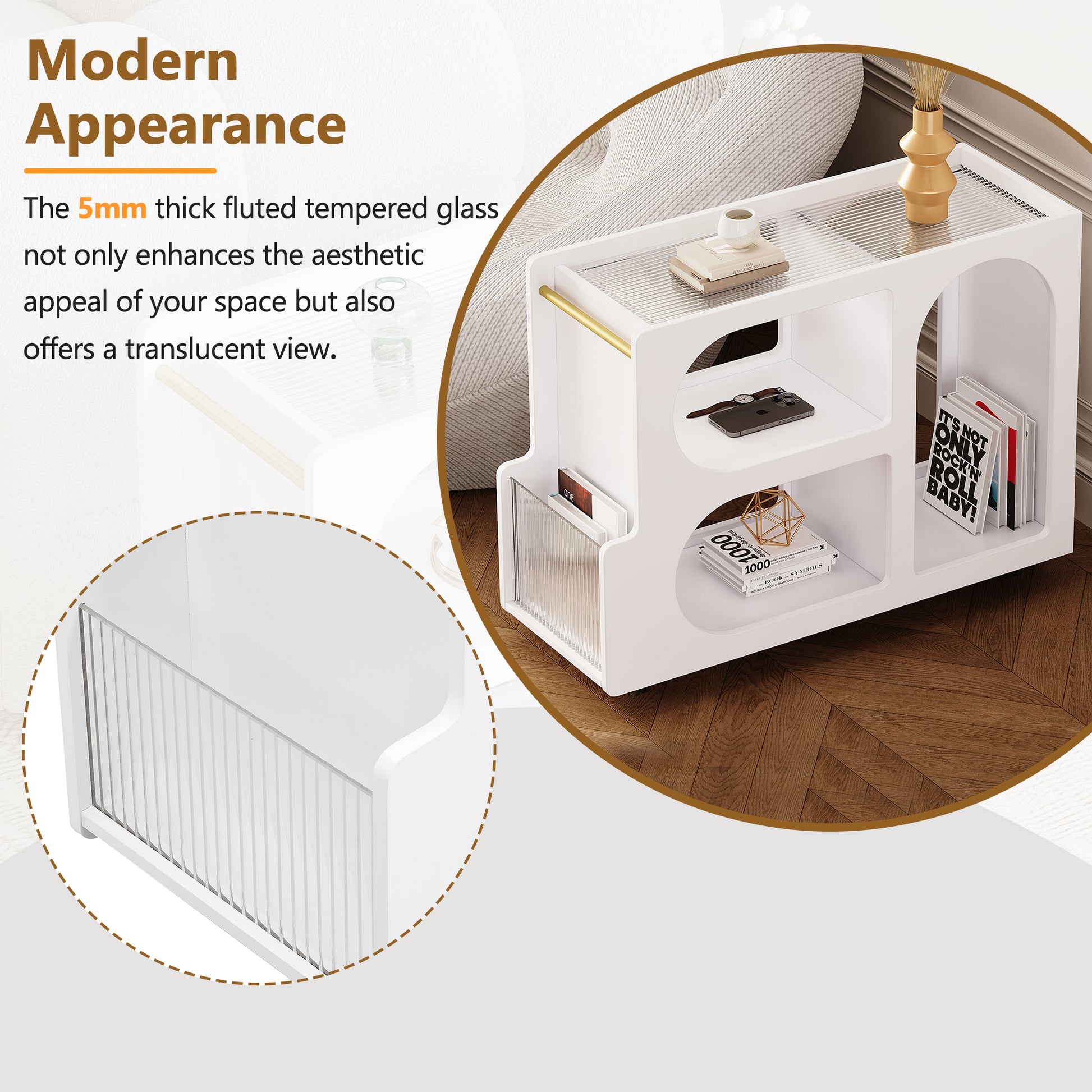 Mobile End Table With Lockable Wheels, Narrow Coffee Table With 5Mm Thick Fluted Tempered Glass, Modern Nightstand With Golden Round Rod, Living Room, White, 31.5''W X11.8''D X 23.1''H White Primary Living Space Mdf