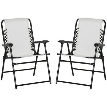 Outsunny Set Of 2 Patio Folding Chairs, Outdoor Bungee Sling Chairs W Armrests, Portable Lawn Chairs For Camping, Garden, Pool, Beach, Backyard, Cream White White Steel