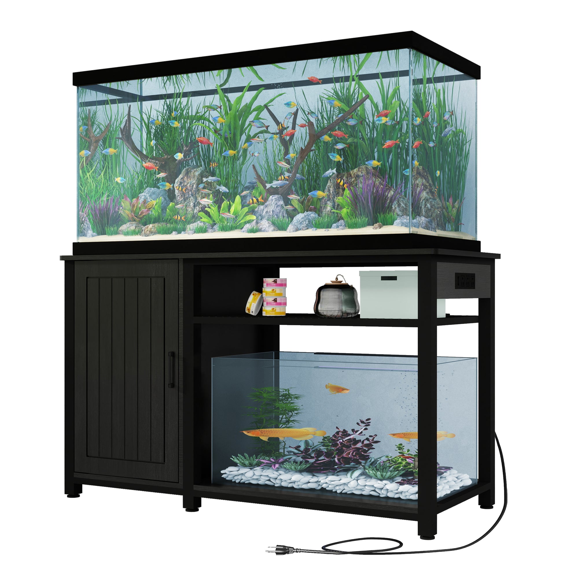 Heavy Duty 55 75 Gallon Aquarium Stand With Power Outlets, Cabinet For Fish Tank Accessories Storage Metal Fish Tank Stand Suitable For Fish Tank, Turtle Tank, 880Lbs Capacity, Black 1 2 Shelves Black Adjustable Shelves Particle Board