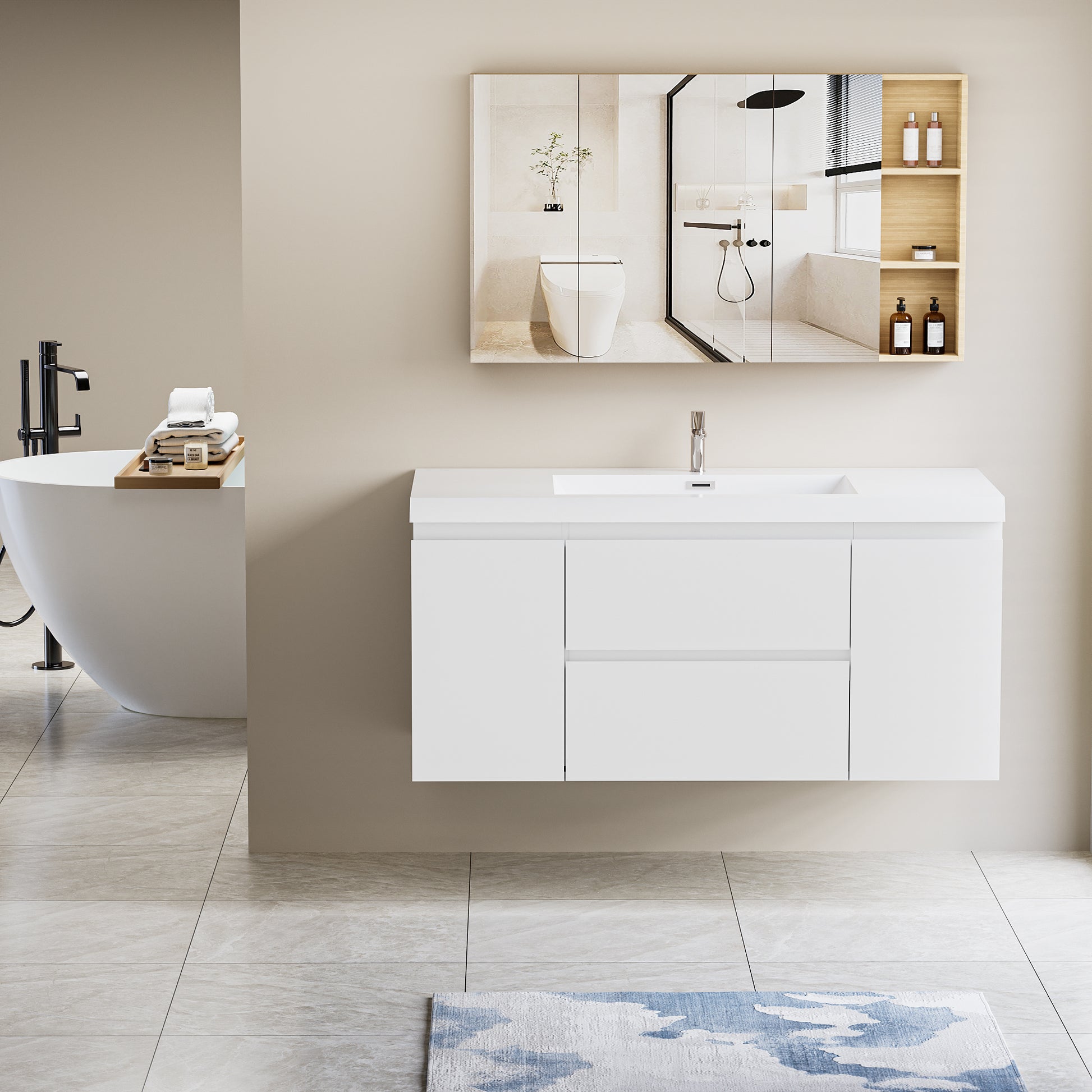 48" Floating Bathroom Vanity with Sink, Modern Wall 2-white-2-bathroom-wall mounted-mdf