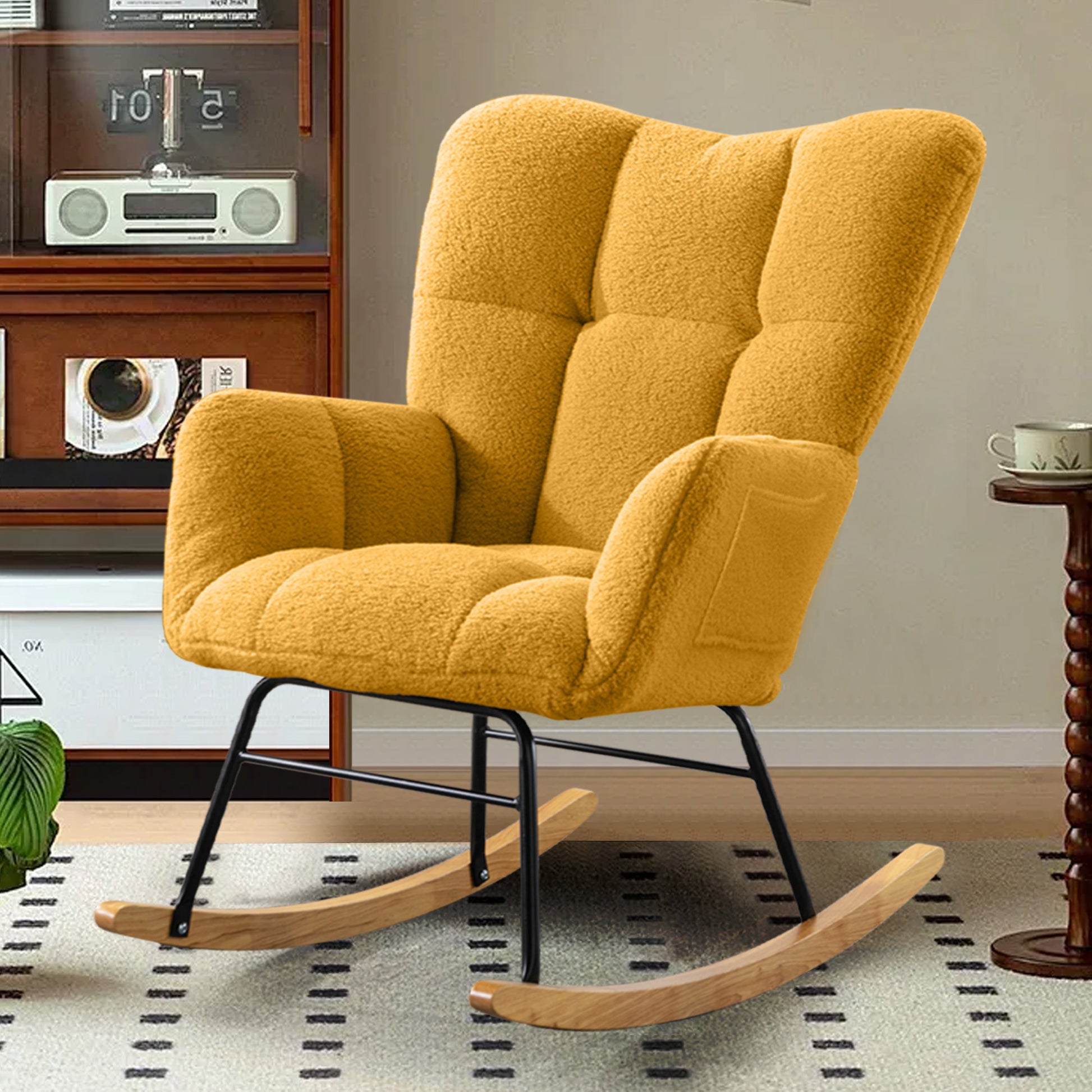 Teddy Fabric Rocking Chair, Modern Rocking Accent Chair For Nursery, Living Room, Bedroom, Yellow Metal Yellow Bedroom Foam Modern Rocking Chairs Foam Wood Metal