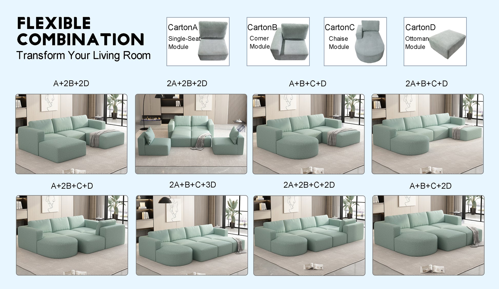 133.84*70.86 Modular Sectional Sofa Sleeper Couch, Sectional Sofa With Chaise And Ottoman, Convertible U Shaped Modular Sofa Set. Compressed Spon, Light Green Combo 2A B C D Light Green Primary Living Space Soft Minimalist,Modern Foam Spring 6 Seat