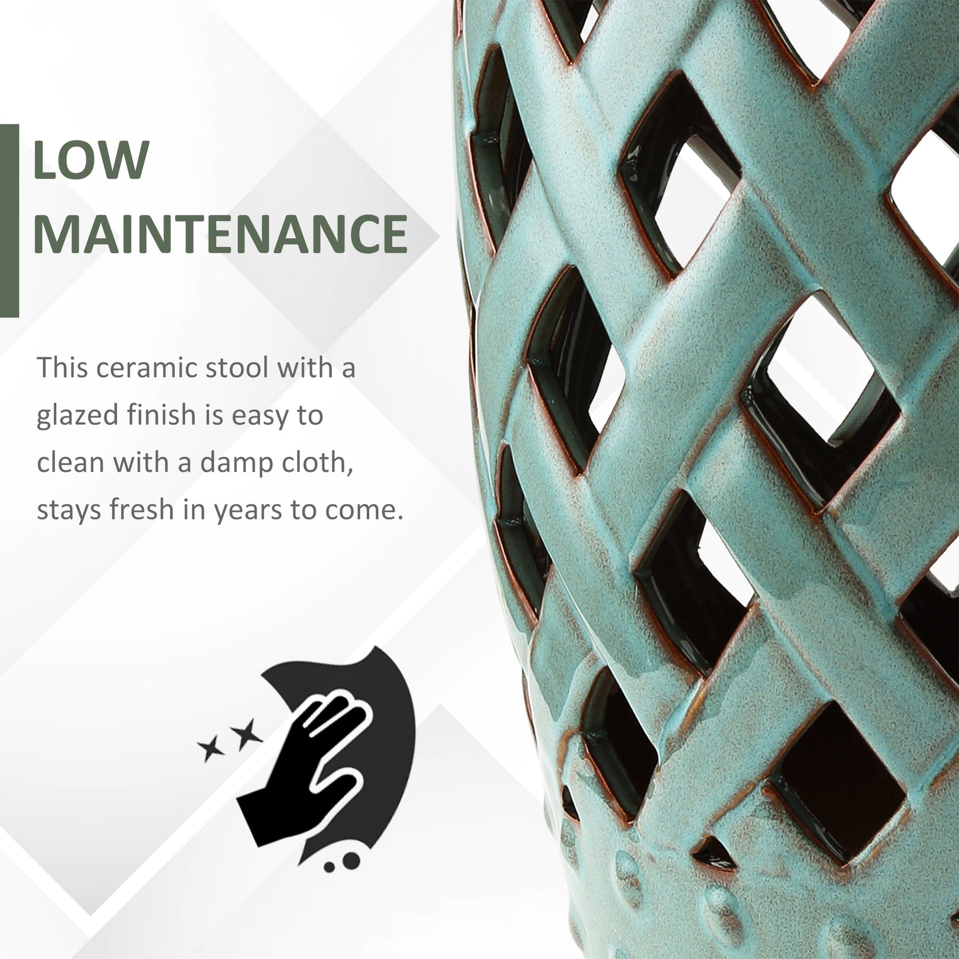 Outsunny 13" X 18" Ceramic Garden Stool With Woven Lattice Design & Glazed Strong Materials Decorative End Table, Antique Blue Blue Porcelain