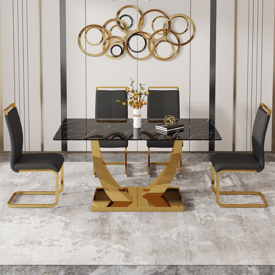 Table And Chair Set.Modern Rectangular Dining Table With Black Textured Stickers Glass Tabletop And Gold Plated Metal Legs.Paried With 4 Comfortable Chairs With Pu Seats And Golden Metal Legs. Black