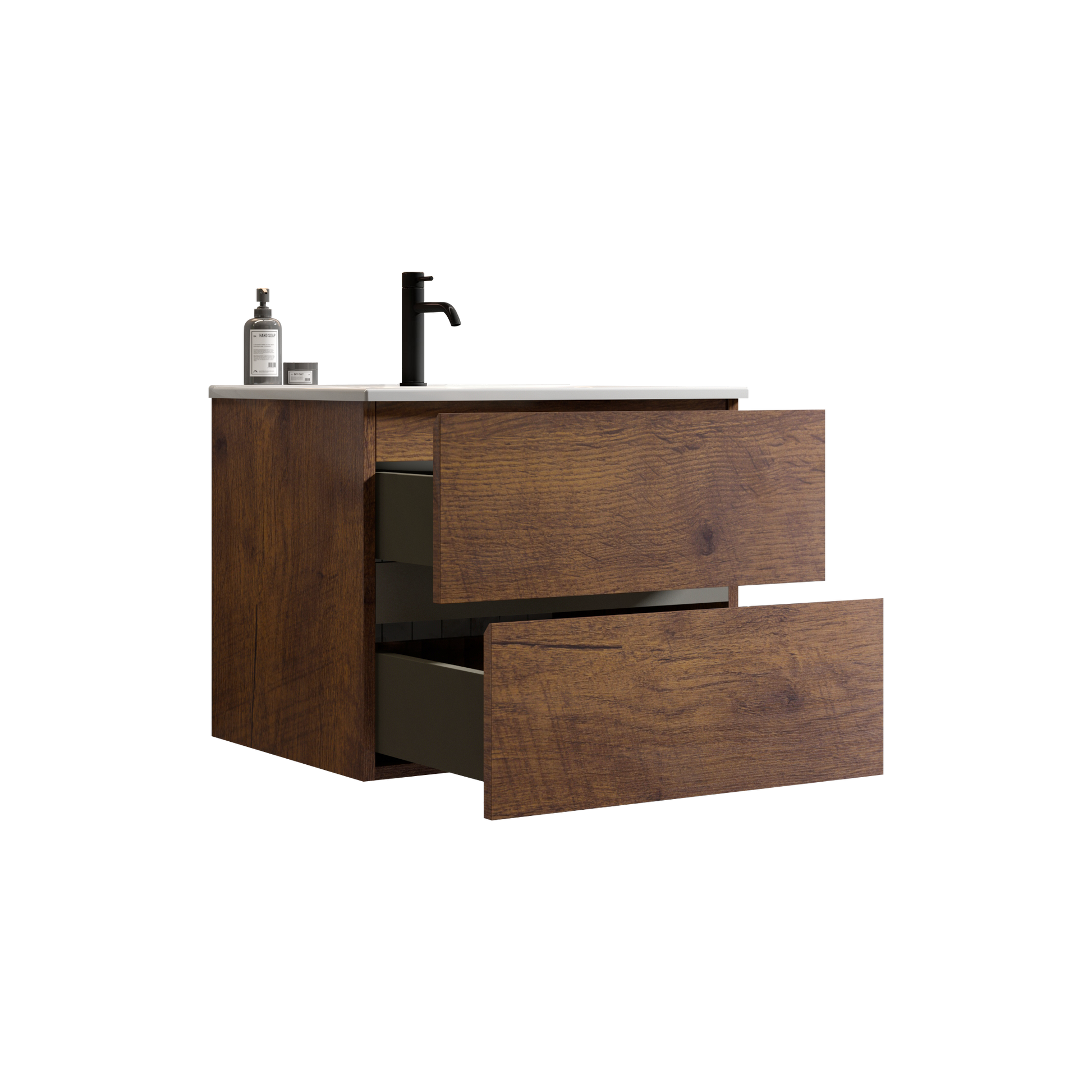 Wall Mount 24" Walnut Bathroom Vanity With Ceramic Sink With One Faucet Hole, Large Storage Floating Bathroom Vanity For Modern Bathroom, One Piece Sink Basin Without Drain And Faucet, Pre Assembled Walnut Bathroom Modern Ceramic Mdf