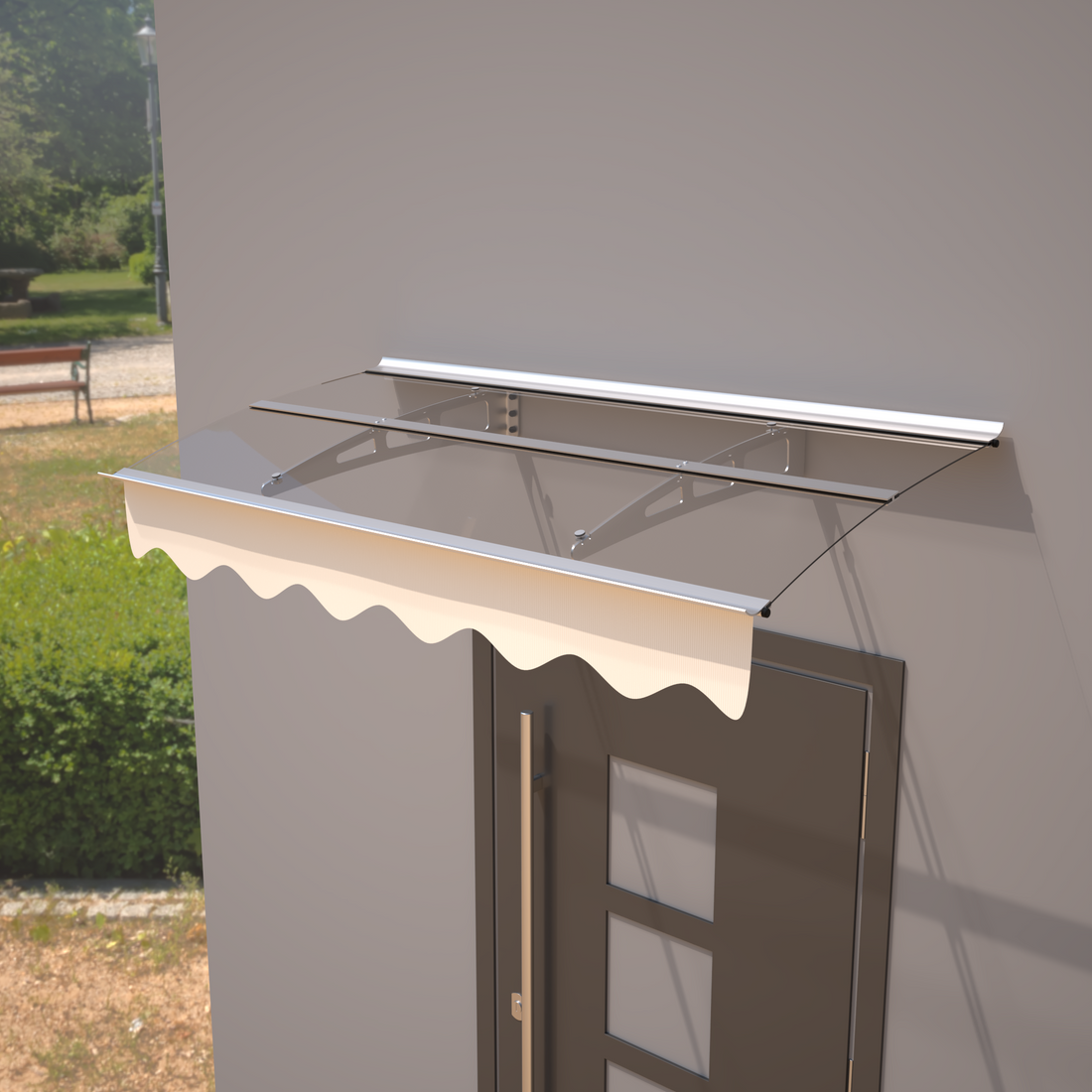 Da5934C Series Door Window Awning Canopy Made Of 0.137Inch Thick Crystal Solid Polycarbonate Sheet And Aluminum Alloy With Valance In Size Of 59" Wide X 34" Deep For Masonry Concrete Wall House Only. Silver Clear Square No Foundation Needed Garden &