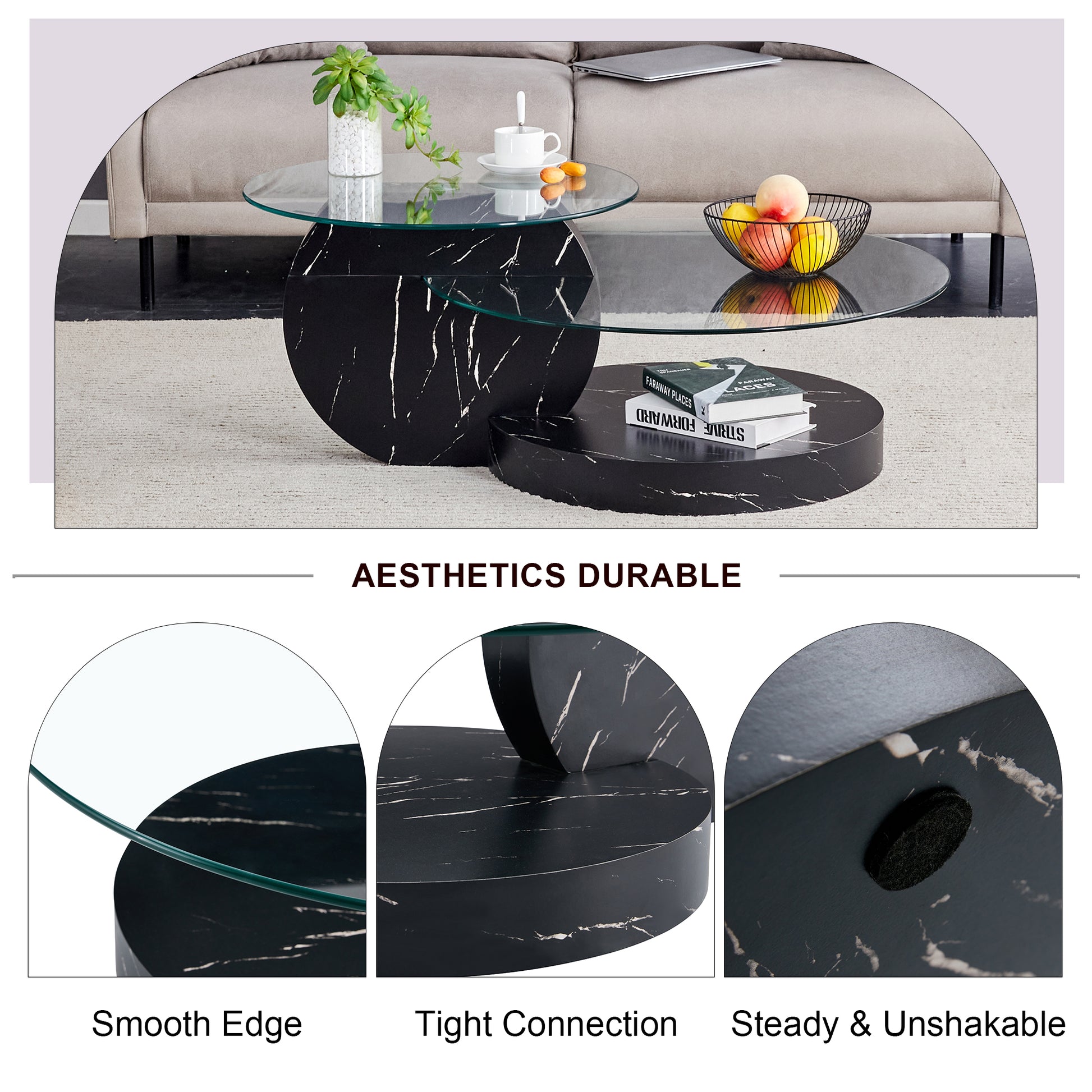 Modern And Practical Double Deck Round Table. Double Storage Space, Made Of Glass Tabletop And Mdf Table Legs. Suitable For Living Room And Bedroom And Dining Room. Black Mdf Glass