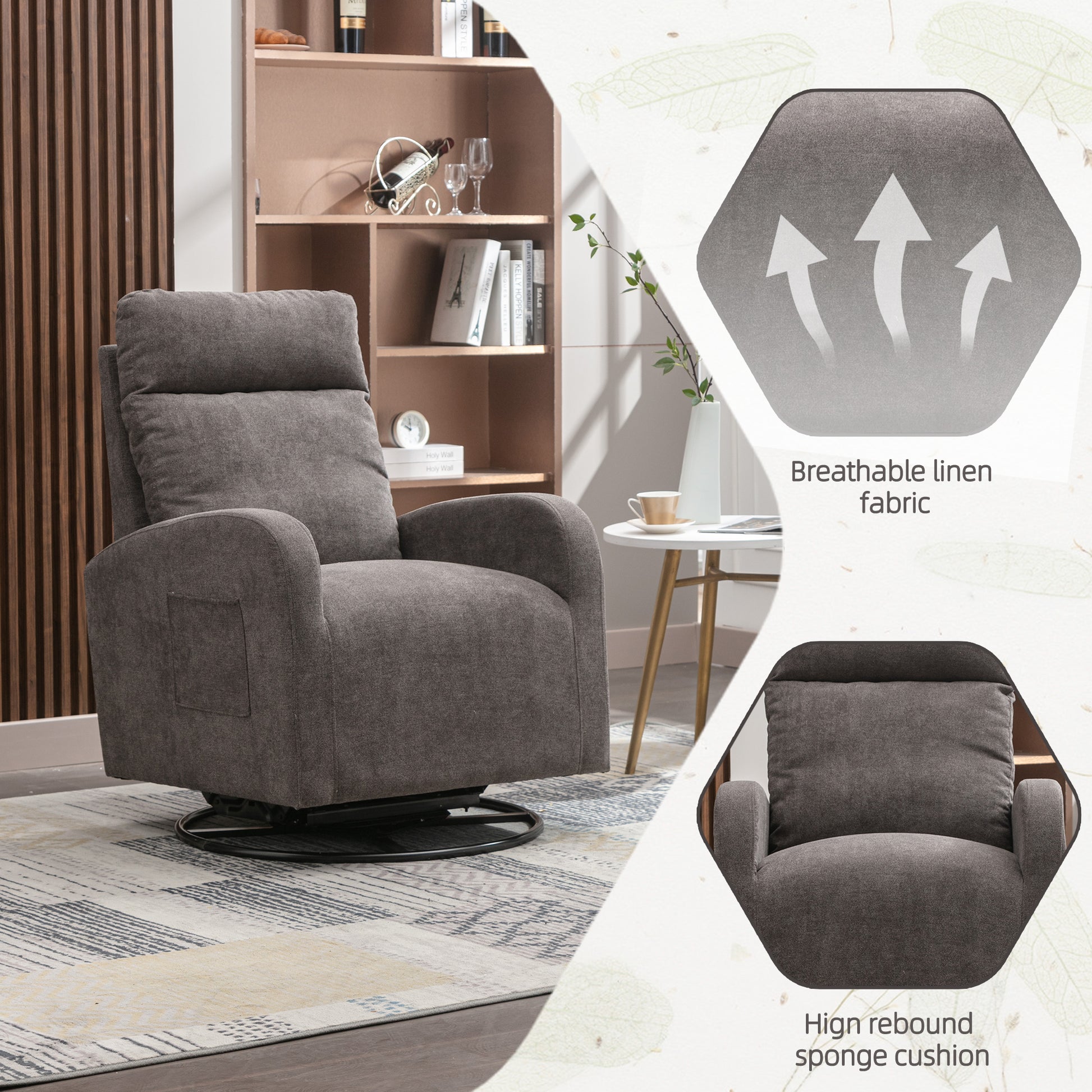 Jiada Upholstered Swivel Glider.Rocking Chair For Nursery In Dark Grey.Modern Style One Left Bag Dark Gray Primary Living Space Foam Linen