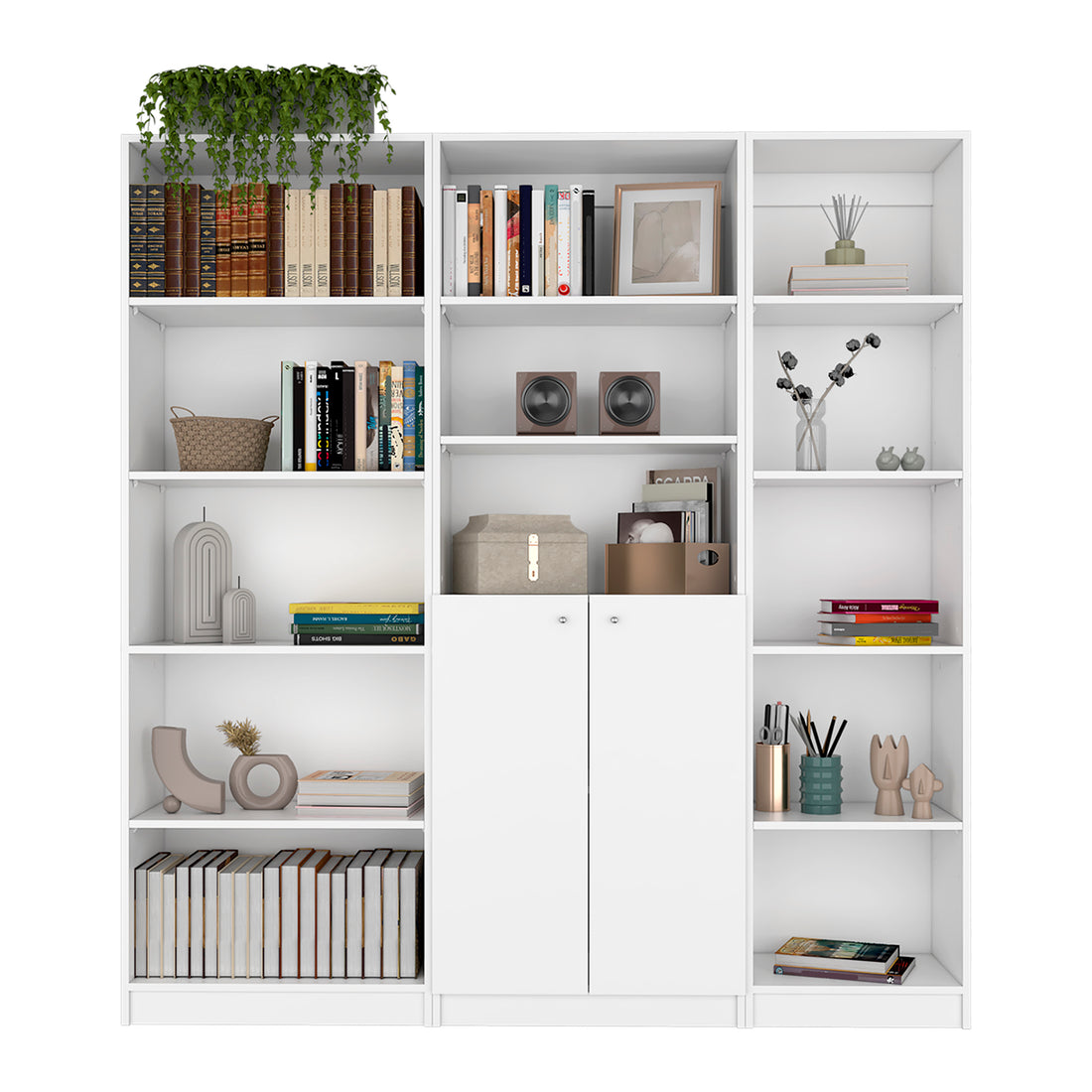 Poston 3 Piece Home Bookcase Set, 67" Wide With 13 Shelves And 2 Door Cabinetliving Room Set White Freestanding 5 Or More Shelves White White Office Open Storage Space Modern Particle Board