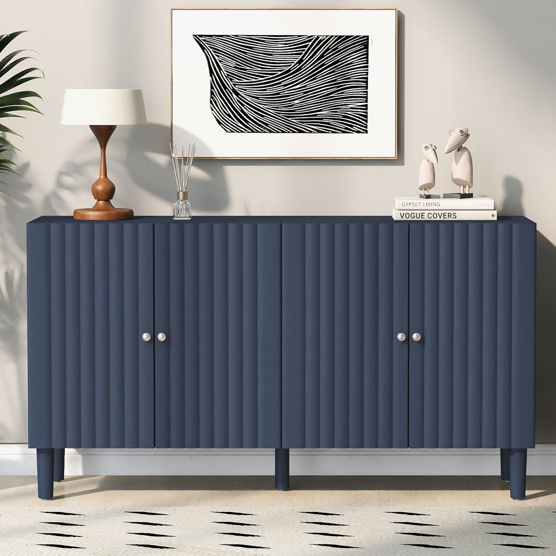 Elegant Four Door Sideboard With Wavy Pattern Doors, Cylindrical Legs, And Sleek Metal Handles, Adjustable, Suitable For Study, Entryway And Living Room Navy Blue Primary Living Space American