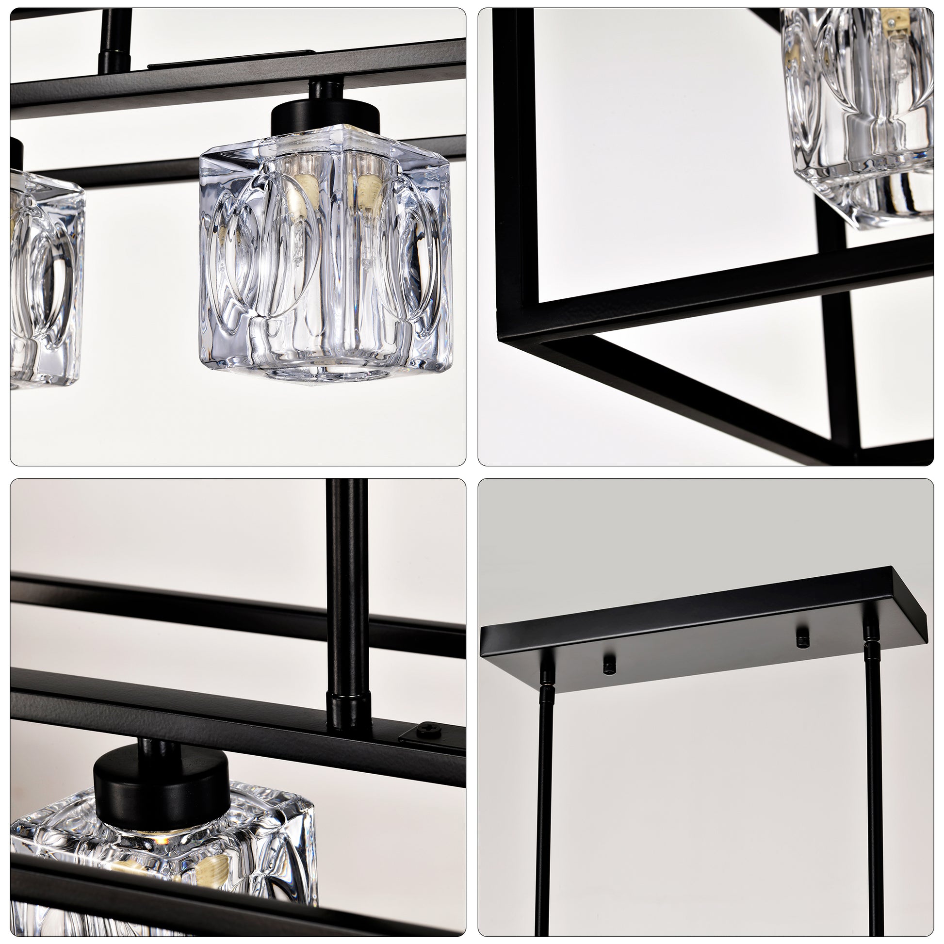 6 Light Farmhouse Chandelier, Modern Industrial Linear Rectangular Crystal Pendant Light Cage Chandelier For Dining Room,Kitchen Island, Bar, Long Table,G9*6 Bulbs Included Matte Black American