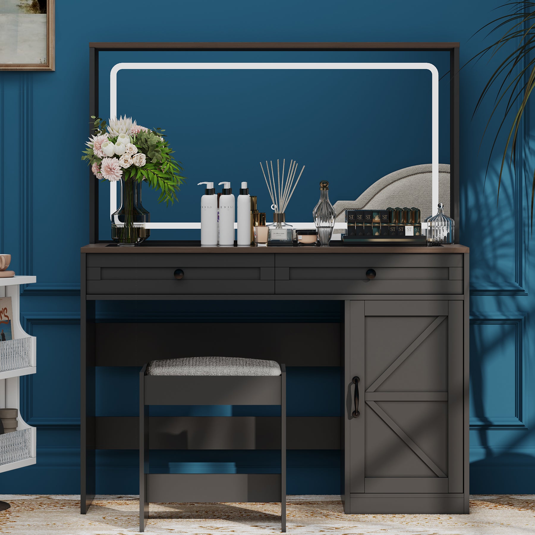 43.3"Makeup Vanity Table, Makeup Table With Large Mirror And Led Light Strip, Brightness Adjustable, Dressing Table Desk With 3 Drawers, Vanity Desk For Women Black With Stool Black Particle Board