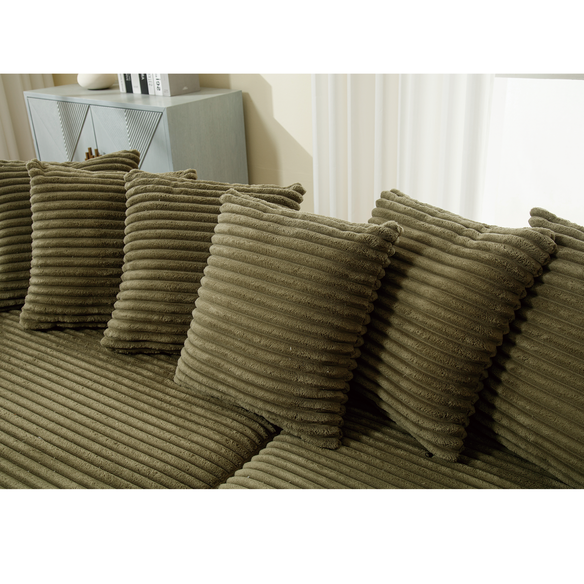 Arrived Oversized Two Piece Couches, L Shaped Sofa, Corduroy, Left Chaise Daybed,With Armrests,Eight Throw Pillows,Corner Sofa,Easy To Assemble, Green Green Polyester Wood Primary Living Space Medium Soft Pillow Back Modern Square Arms Wood 3 Seat