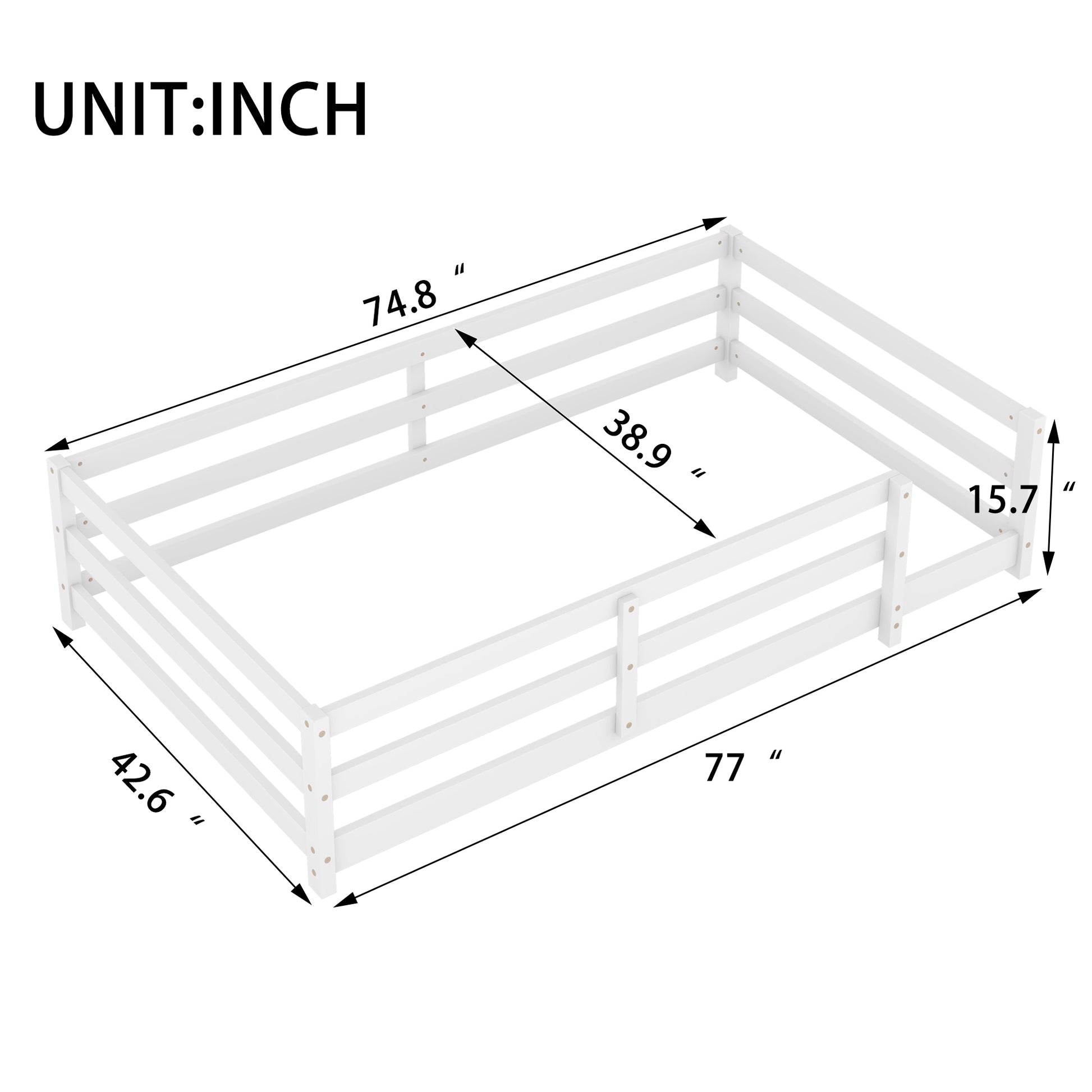 Twin Size Floor Bed, Montessori Floor Bed With Fence, Kids Montessori Bed Twin Size, Wood Montessori Floor Bed For Kids, Girls, Boys White White Wood Metal