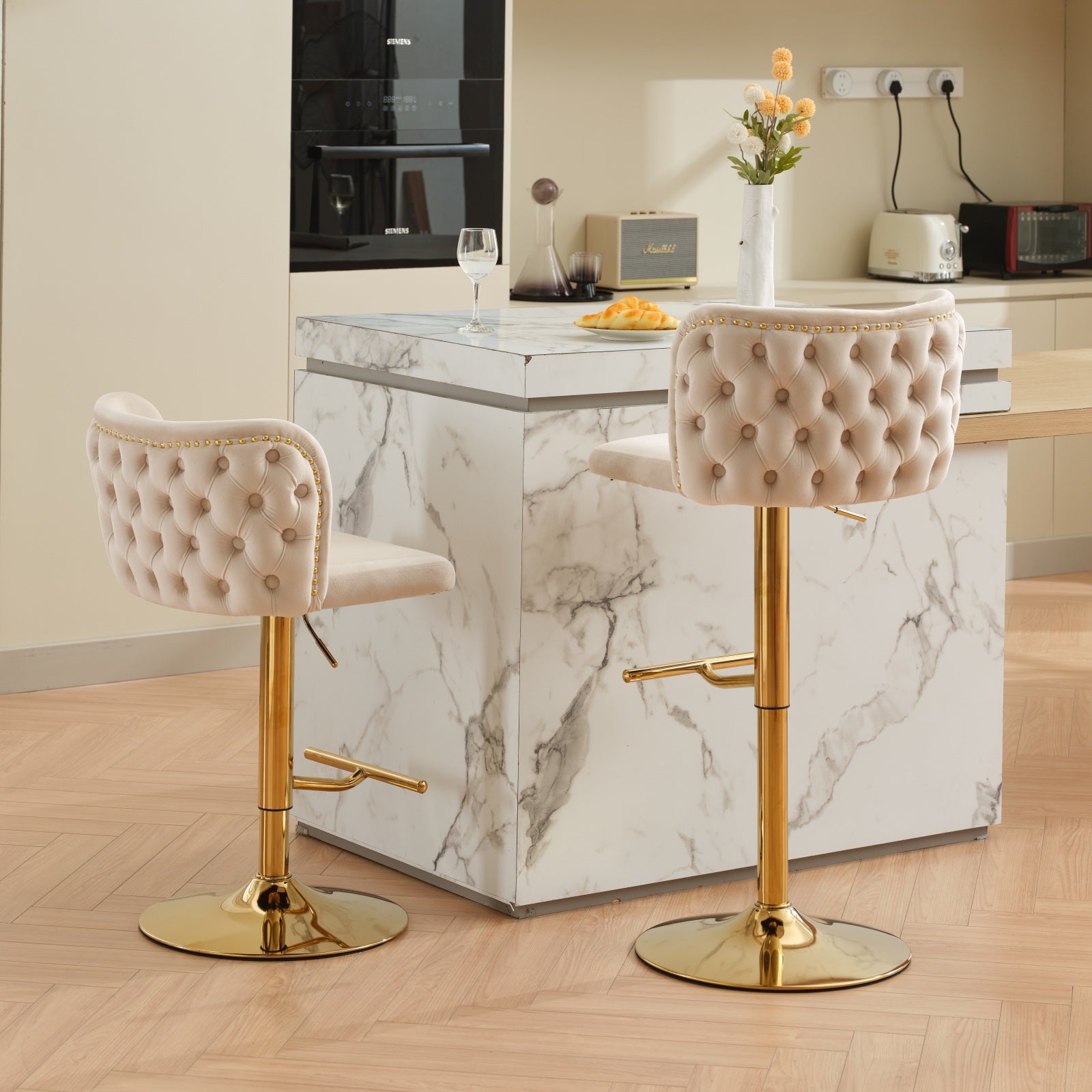 Swivel Barstools Adjusatble Seat Height With Gold Plating Base, Classic Velvet Upholstered Bar Stools With The Whole Back Tufted, For Home Pub And Kitchen Island,Beige, Set Of 2 Beige American Design Bar Stools Set Of 2 Foam Velvet