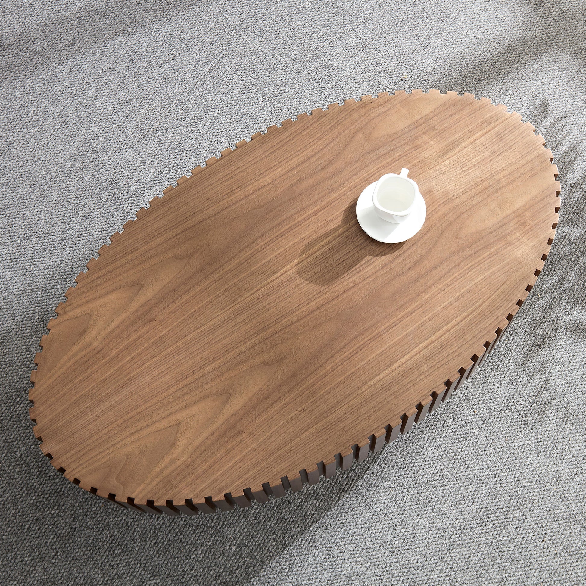 Modern Handcraft Drum Coffee Table Length 43.7 Inch Ellipse Coffee Table For Living Room,Small Coffee Table With Sturdy Pedestal,Walnut Mdf Walnut Mdf