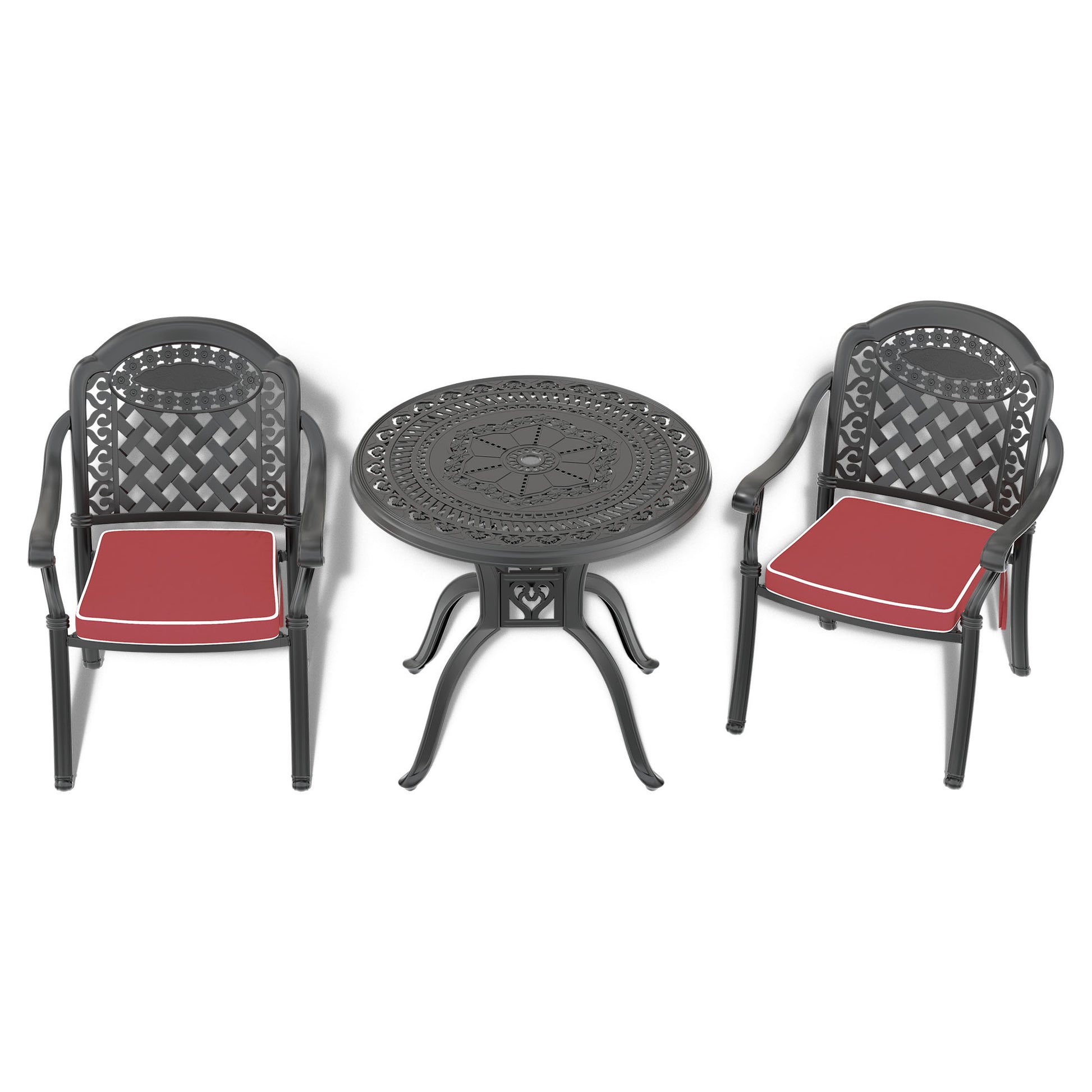 Cushions In Random Colors 3 Piece Set Of Cast Aluminum Patio Furniture With Cushions Yes Complete Patio Set Black Seats 2 Rust Resistant Frame Water Resistant Cushion Garden & Outdoor Complete Patio