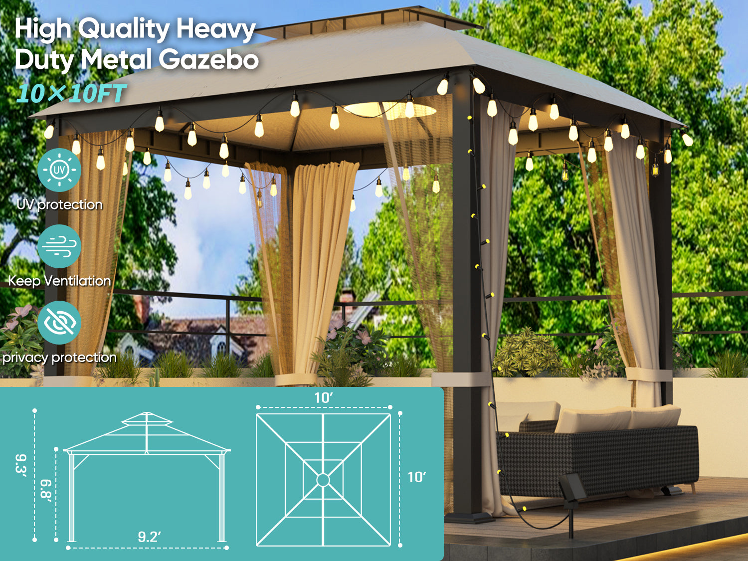 10X10Ft Softtop Metal Gazebo With Mosquito Net&Sunshade Curtains,Sturdy Heavy Duty Double Roof Canopy,Galvanized Steel Design Outdoor Tent,Suitable For Gardens,Patio,Backyard Beige Rectangular None Garden & Outdoor Water Resistant Gazebos Anchored Fabric