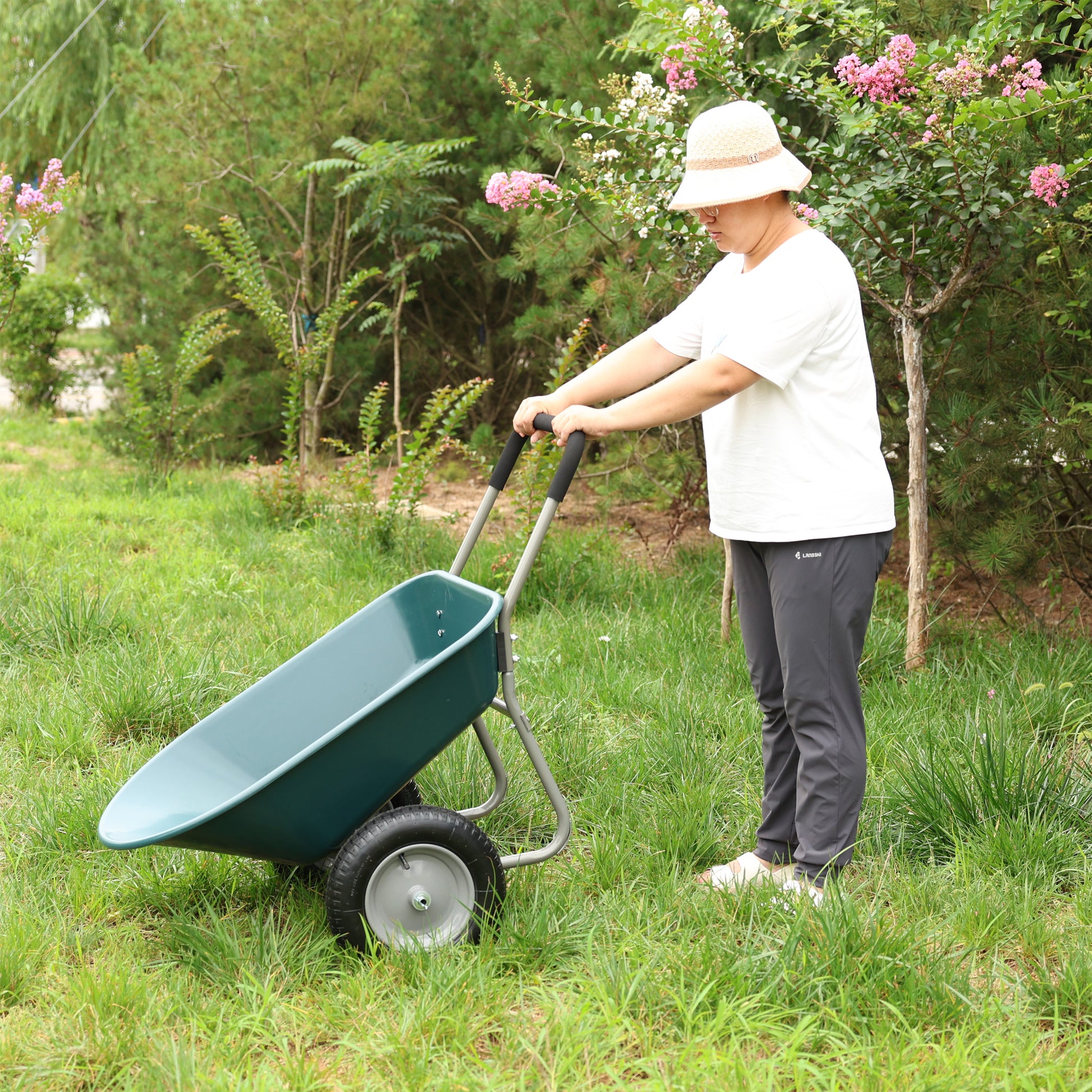 Wheel Barrow Two Wheeled Trolley For Green Garden 15 Inch Pneumatic Wheel Wb1001Gn Green Abs Steel Q235