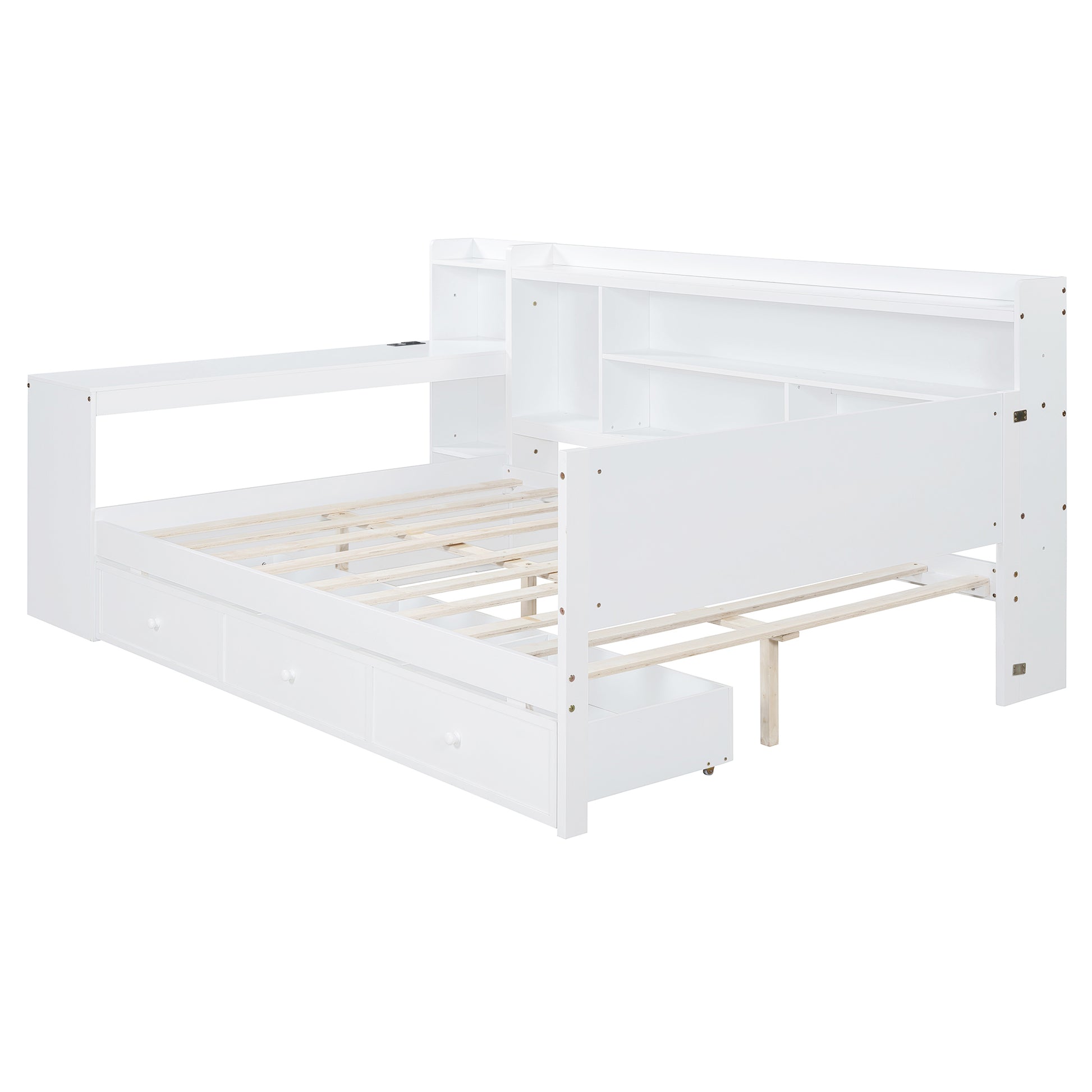 Full Size Wooden Daybed With 3 Drawers, Usb Ports And Desk ,White Full White Wood