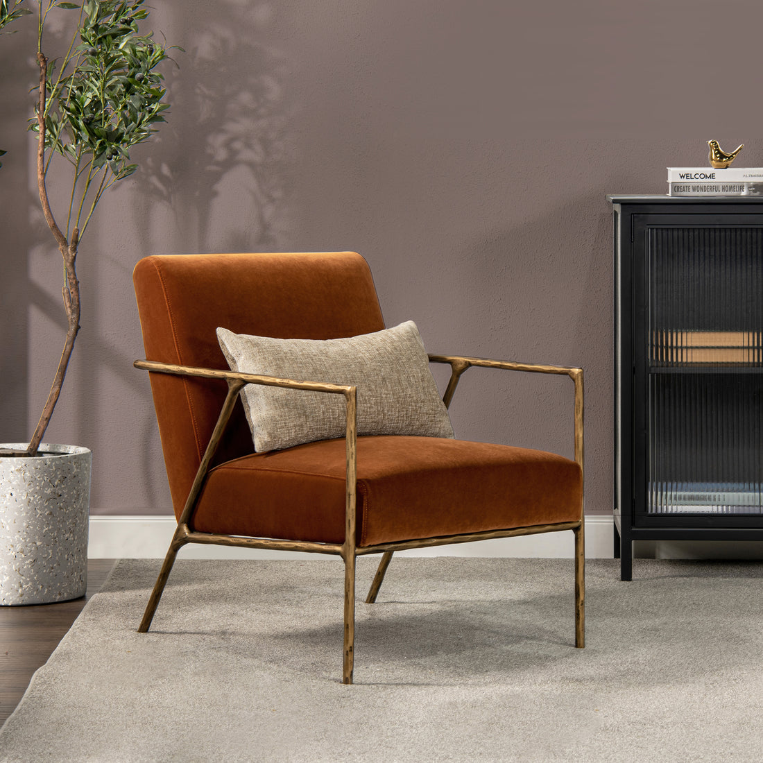 Aerin 24.5" Hammered Brass Upholstered Accent Arm Chair, Burnt Orangeperformance Velvet Burnt Orange Foam Velvet